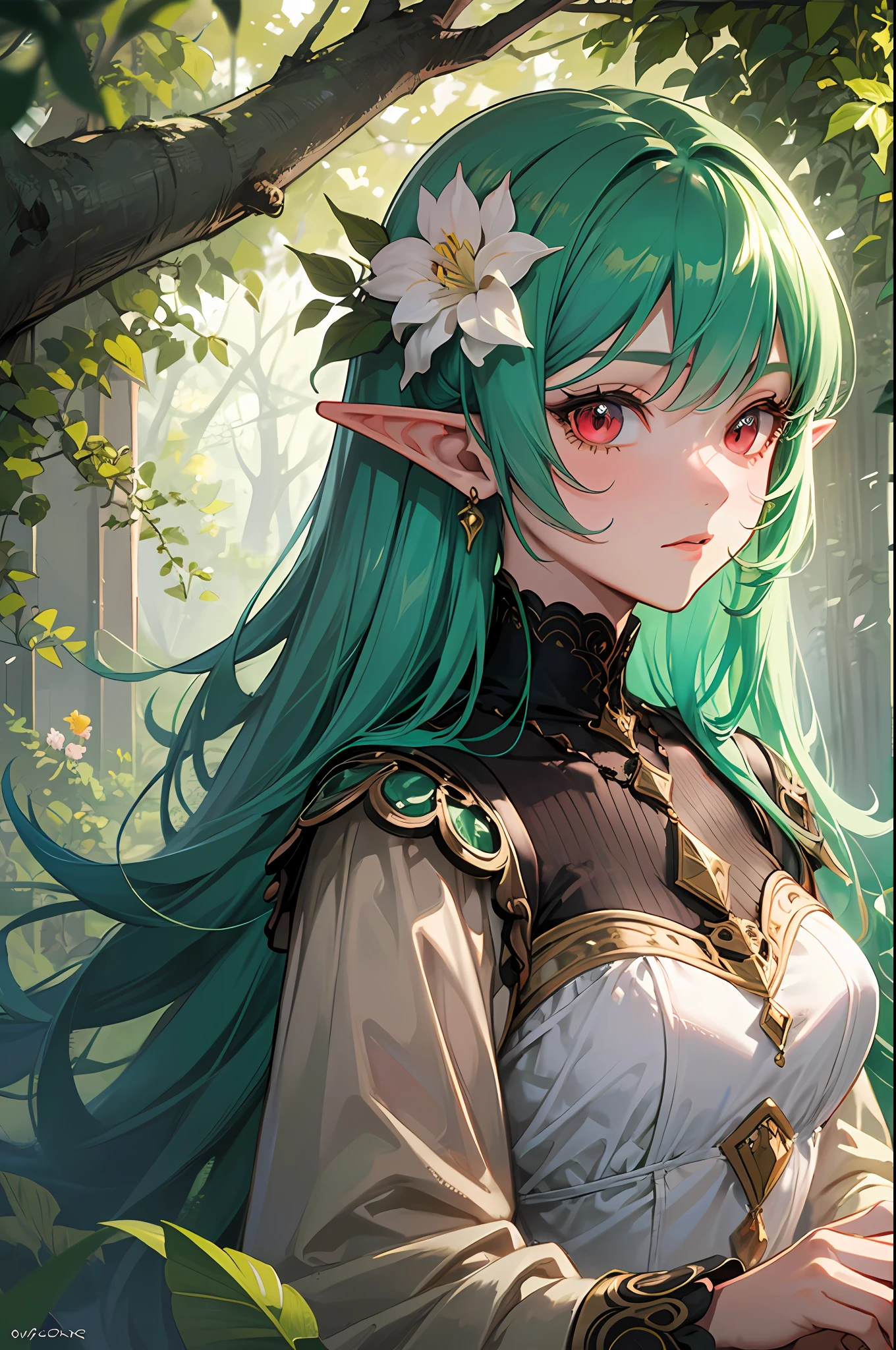 80s anime, 1 elf, green hair, fluffy hair, nature, elegant dress with leaves and flowers in its design,blood red eyes, clothing in pastel colors, the world is cute and fairy-tale like, intricate, super detailed, majestic background, adventurous