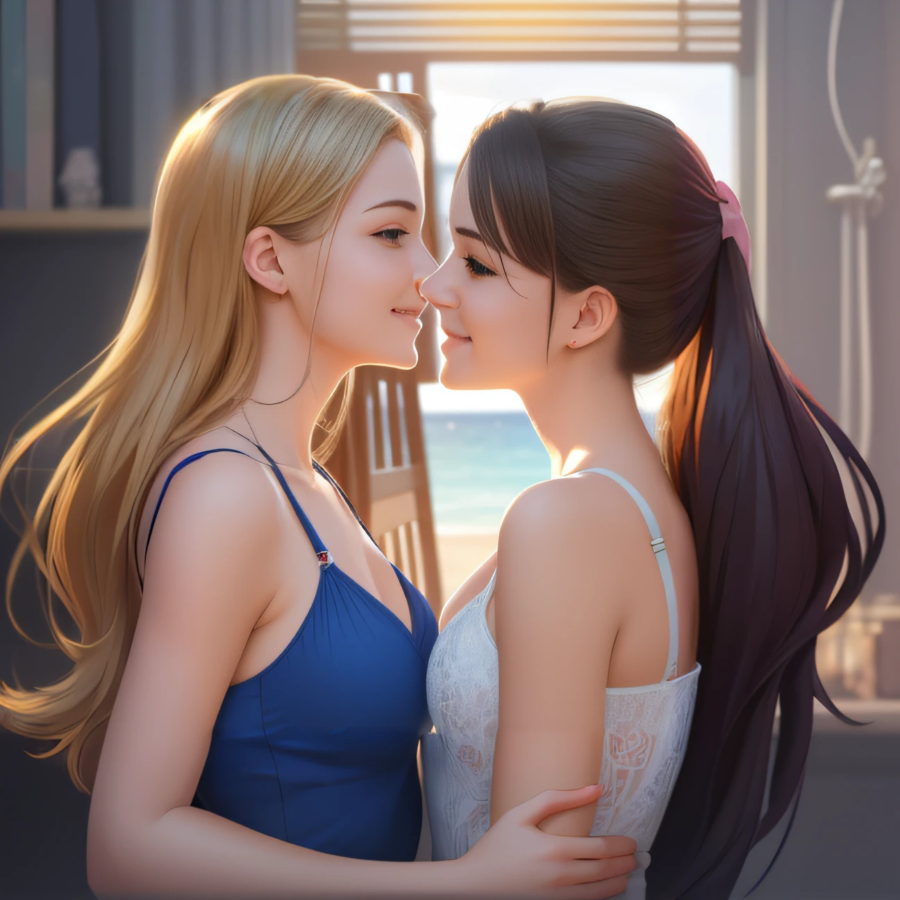 彼らはビーチで一緒に立っている2人の女性です, artwork in the style of guweiz, Lesbian Kiss, two beautiful anime girls, kissing together cutely, lesbian art, realistic art style, wlop and sakimichan, deviantart artstation cgscosiety, two beautiful women in love, lovely kiss, CGSTATION trend, Smooth anime cg art