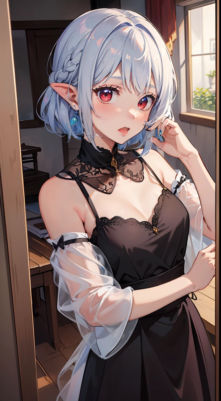 ((Put your hands on your face)), ((Surprised)), (Red Face), 1女の子の接写, elvish, silver hair,,,, Red eyes, Braided hair, bob cuts, Fantasy style costumes, The dress, Camisole, Long Skirt, ruffles, inside room, Mirror, Gender Change, Concept art, beautiful anime scene, beautiful anime scenery, The Highest Quality, master masterpiece, 4K