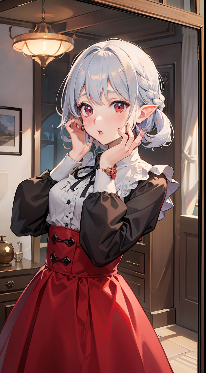 ((Put your hands on your face)), ((Surprised)), (Red Face), 1女の子の接写, elvish, silver hair,,,, Red eyes, Braided hair, bob cuts, Fantasy style costumes, The dress, Camisole, Long Skirt, ruffles, inside room, Mirror, Gender Change, Concept art, beautiful anime scene, beautiful anime scenery, The Highest Quality, master masterpiece, 4K