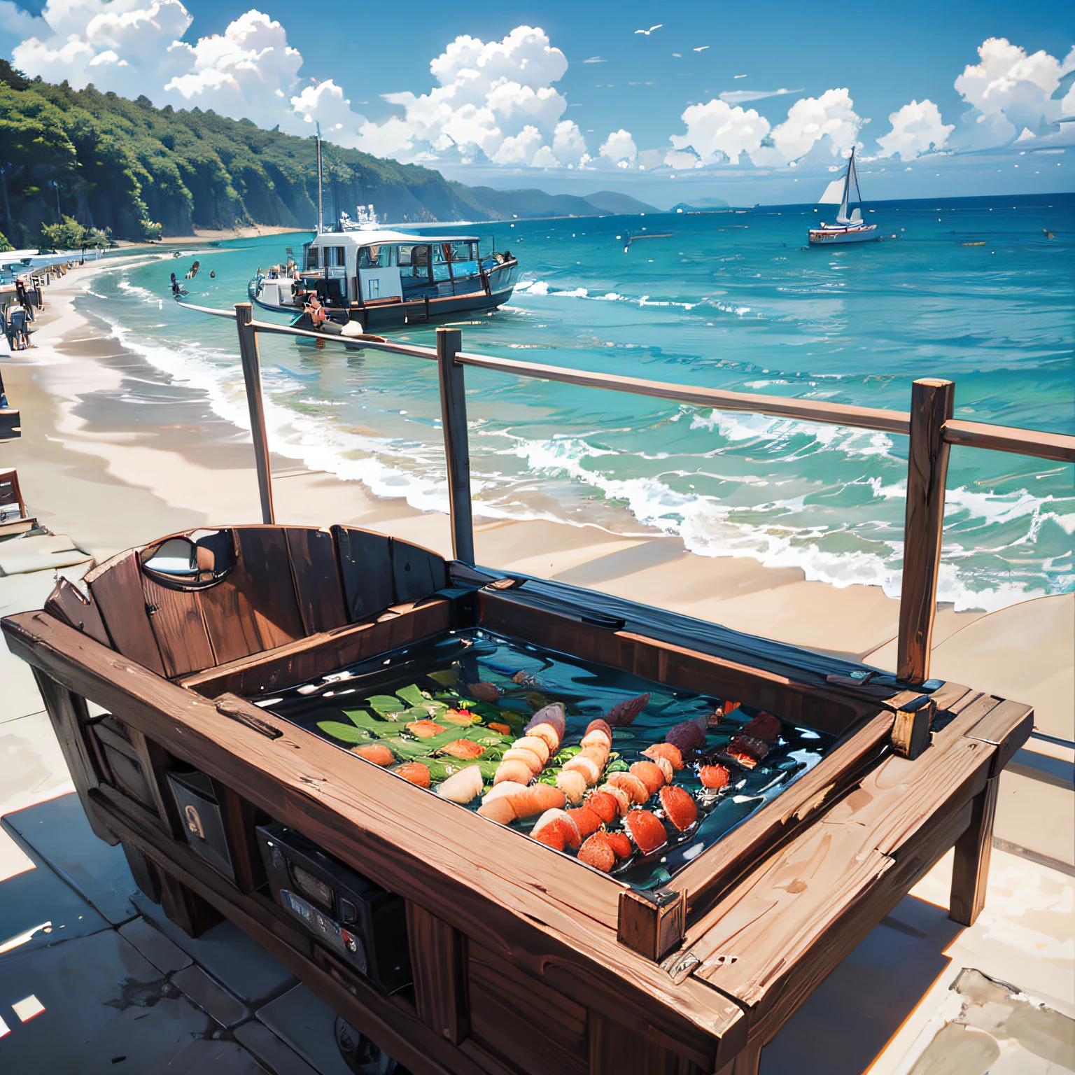 The sea,IT was sunny,Sea cucumber farms,lively,Cool --auto