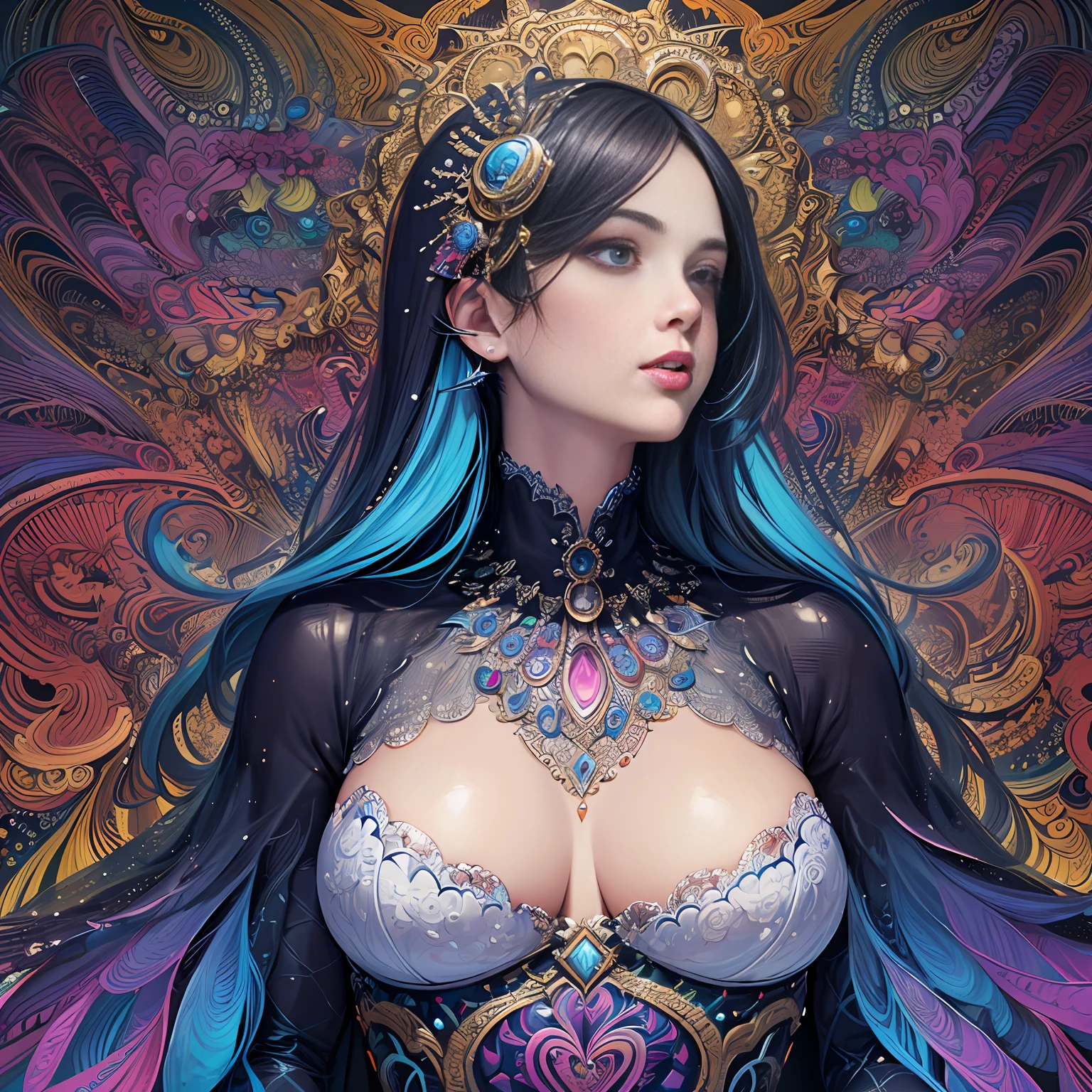 (masterpiece, top quality, best quality, official art, beautiful and aesthetic:1.2), (1girl:1.3), extremely detailed,(fractal art:1.2),colorful,highest detailed,(zentangle:1.2), (dynamic pose), (abstract background:1.5), (treditional dress:1.2), (shiny skin), (many colors:1.4), upper body