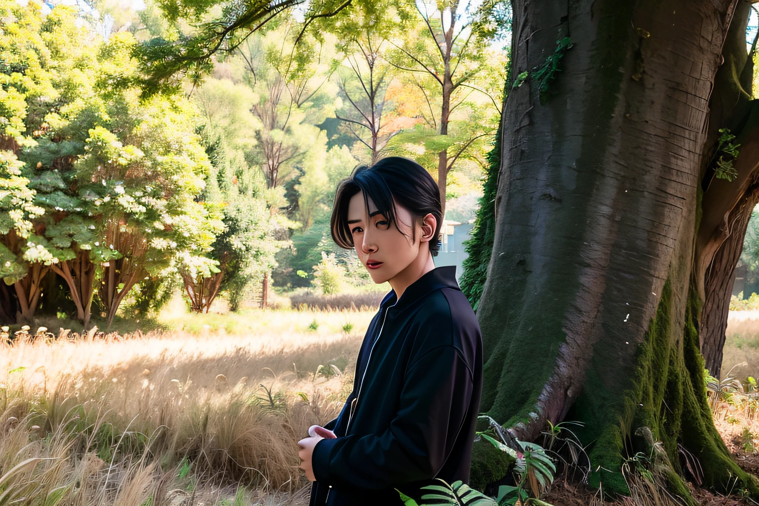 there is a young man standing next to a tree in the woods, Cai Xukun, Jin Young Shin, hyung tae, Profile Shot, taejune kim, in front of a forest background, inspired by Bian Shoumin, yanjun cheng, hong june hyung, inspired by Gang Se-yellow color cat, kim doyoung, male ulzzang, xintong chen, park jimin