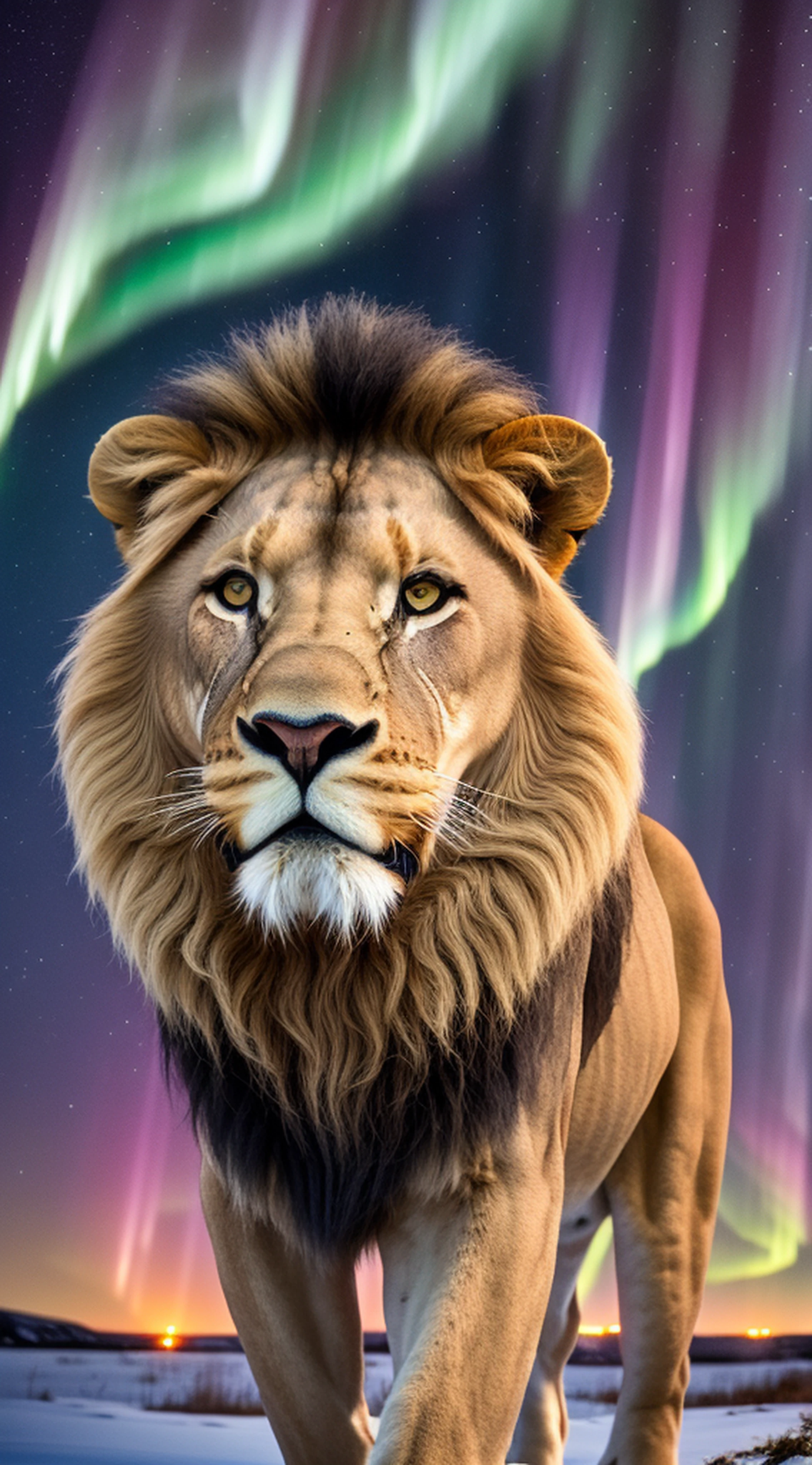 "Cinematic lighting captures the majestic ??????? of a realistic lion in Iceland, set against the stunning backdrop of the Northern Lights. High-res details and accurate ??????? make the UHD, 16k image pop with realism."