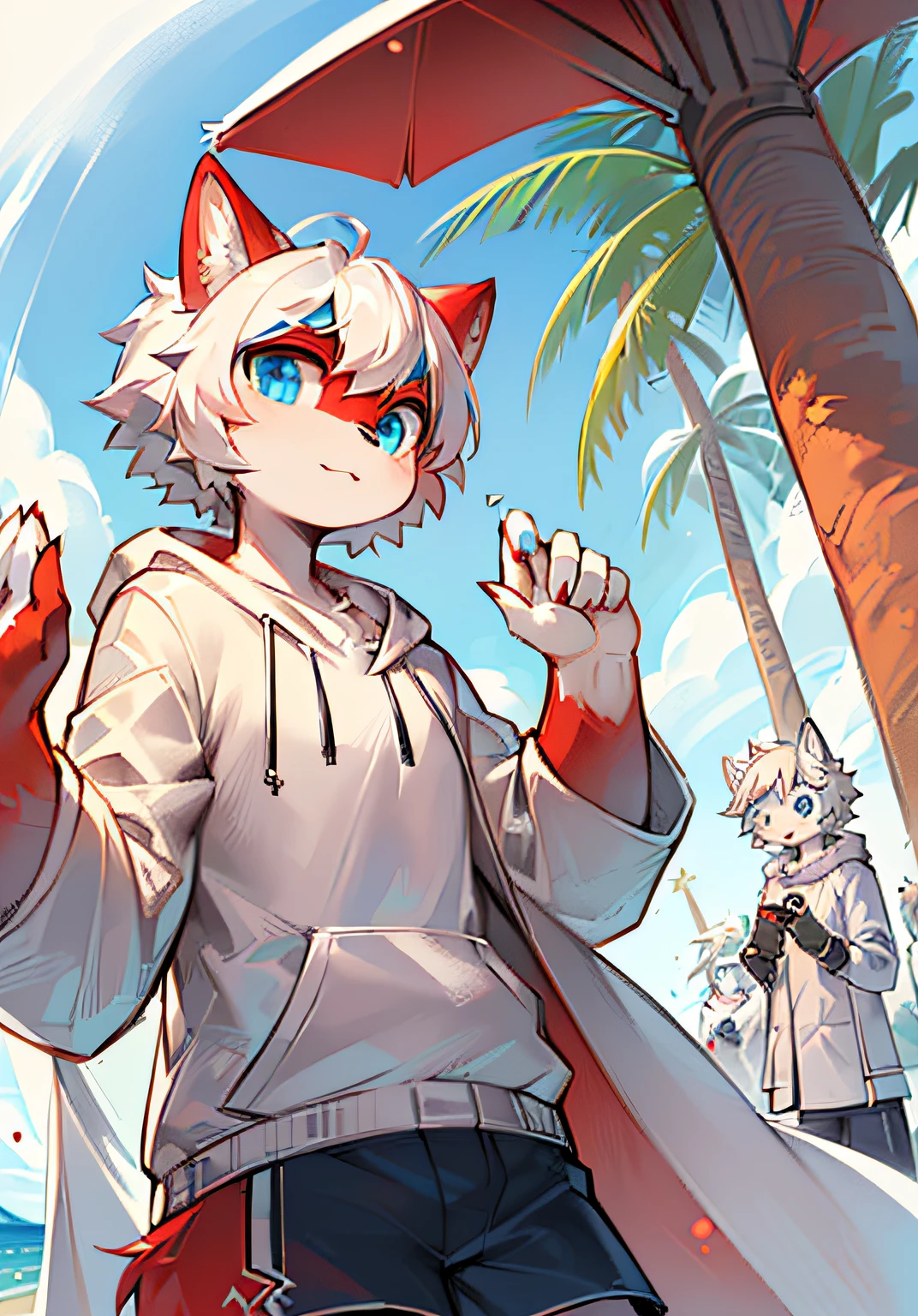 "((Red fur，White hair fluffy coat+Soft texture:1.3)，Pair it with over(，Bright big eyes，Childlike and cute，blue eyes)，By the beach，Coconut trees next to it，During the Day，boys，White hoodie，Navy shorts，Watching the sea with friends