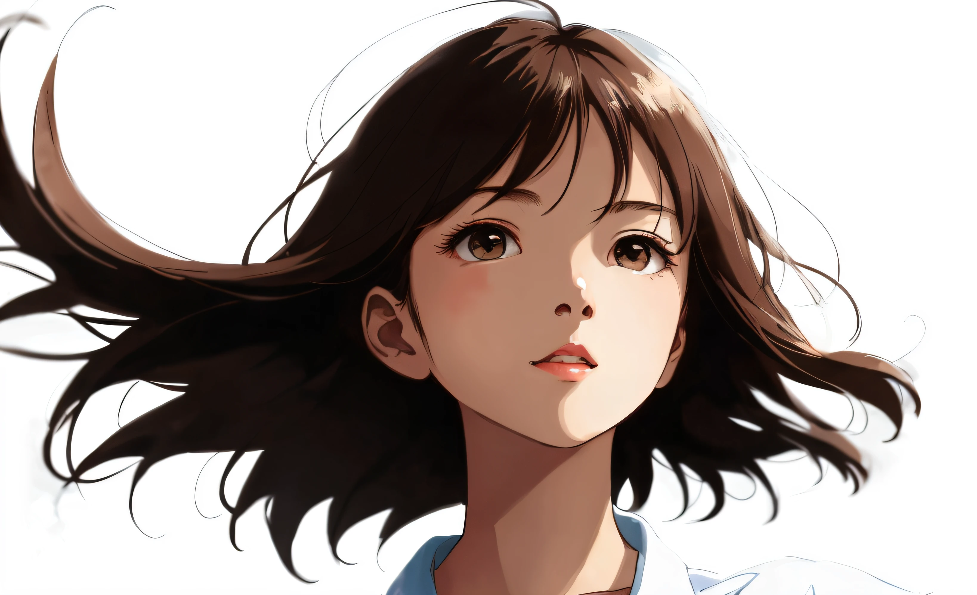 Very detailed and precise illustrations close to photographs、Extremely cute young woman、Delicate hair、Brown shorthair、Gaze is strong、Perfectly round gray eyes、Wearing a snow-white shirt。