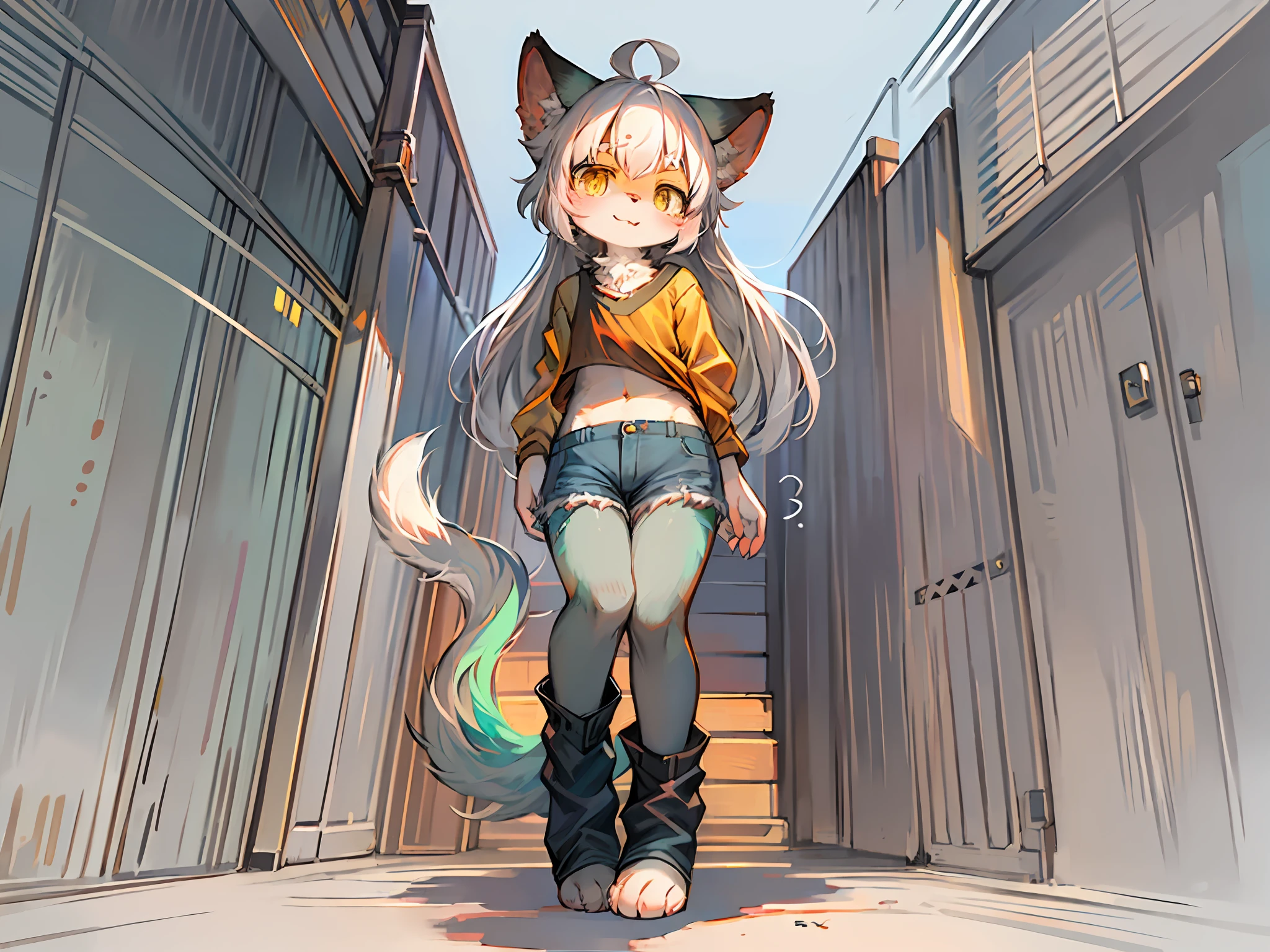 (Dark Environment:0.8),master masterpiece,,high qualitt,abstract res,DIGITAL PAINTING\(artworks\), dagasi, Yupa,Kiyoyama,(Anthro,Fluffy Fur,character focus:1.1),Anthro Female Cat,bobed hair,portrait, , eyes with brightness, Panoramic View, Character focus.(detailedbackground:0.7), solo, shaggy,denim shorts pants,Yellow top,Furry female, female focus, anthr,(Full Body Fur, Fluffy tail, Gray-green fur, Yellow eyes, white hair:1.2), (The feline:1.2)