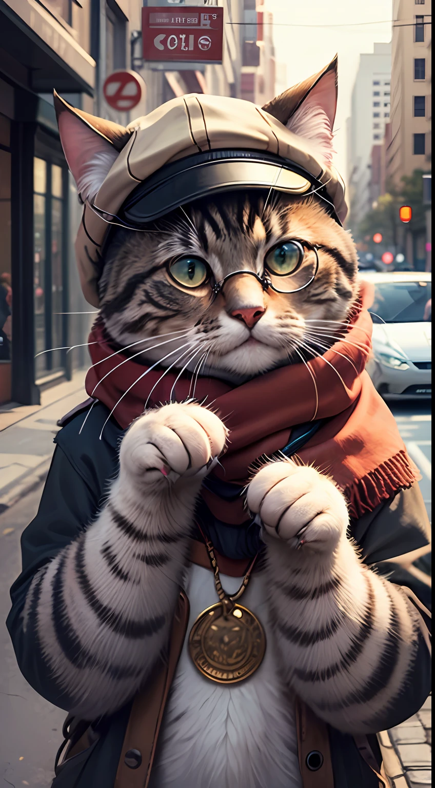 There is a cat that is wearing a hat and scarf - SeaArt AI