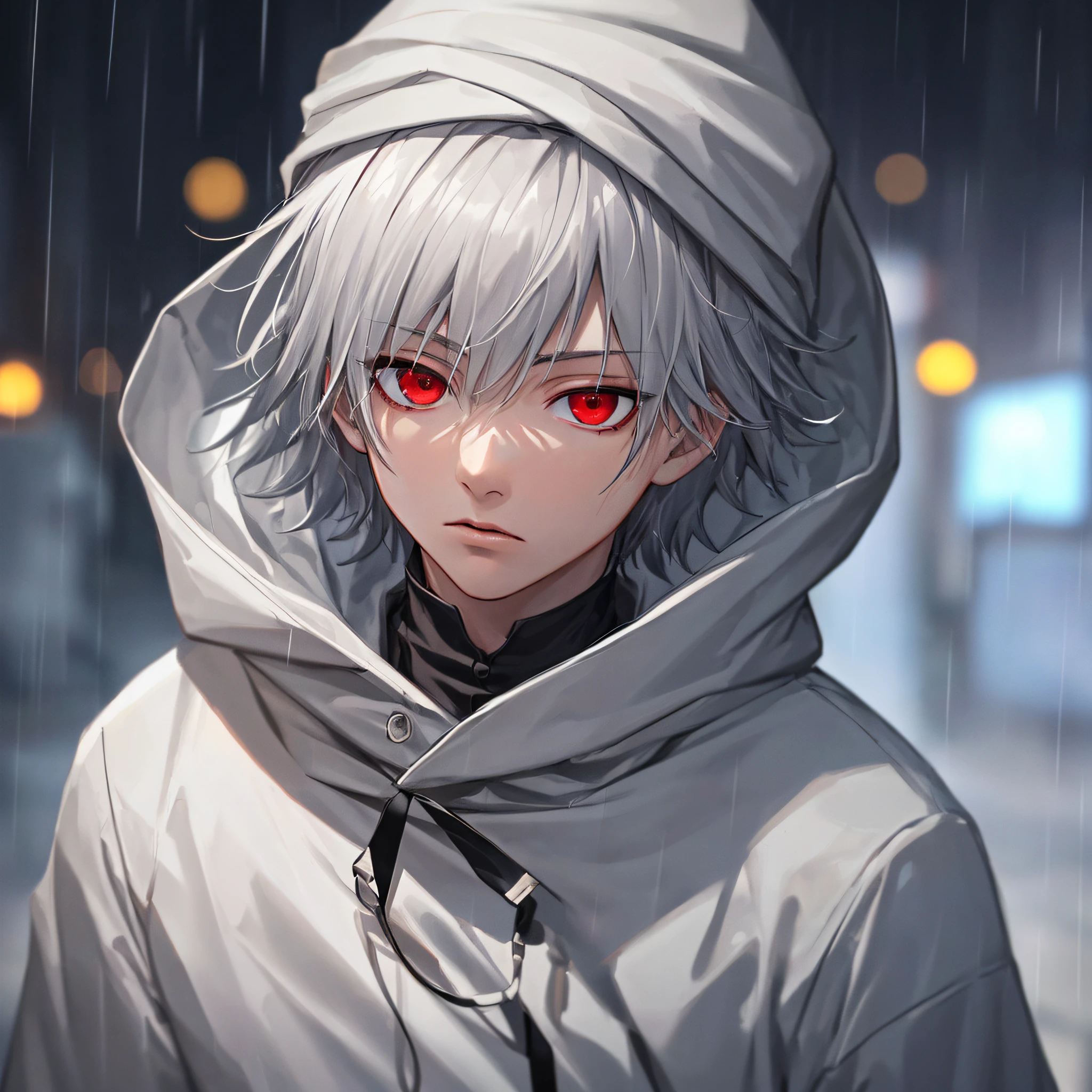 kk, best quality, more details, mastery, 1boy, kaneki ken, portrait, male focus, red eyes, solo, bangs, looking at viewer, hood, short hair, rain, tokyo tokyo \(city\), turban, nail polish , gray hair, luxury, 8k, detail, ray tracing, depth of field, movie lighting,