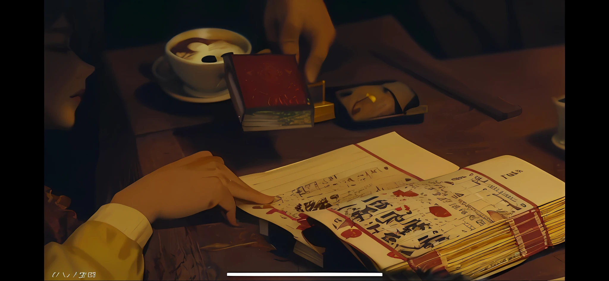 Someone writes a book on the table,With a cup of coffee, still from a live action movie, movie screencap, still frame from a movie, movie screenshots, film still dnd, film still dnd, Screenshot from the movie Alive --auto