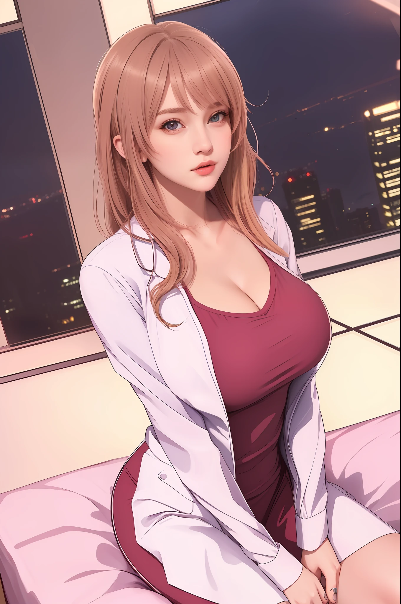 (masterpiece:1.3), (8k, photorealistic, RAW photo, best quality: 1.4), (1girl), beautiful face, (realistic face),girl sitting on a bed with a city in the background, seductive girl, attractive girl, female protagonist 👀 :8, with a lab coat, woman, beautiful alluring woman, best girl,