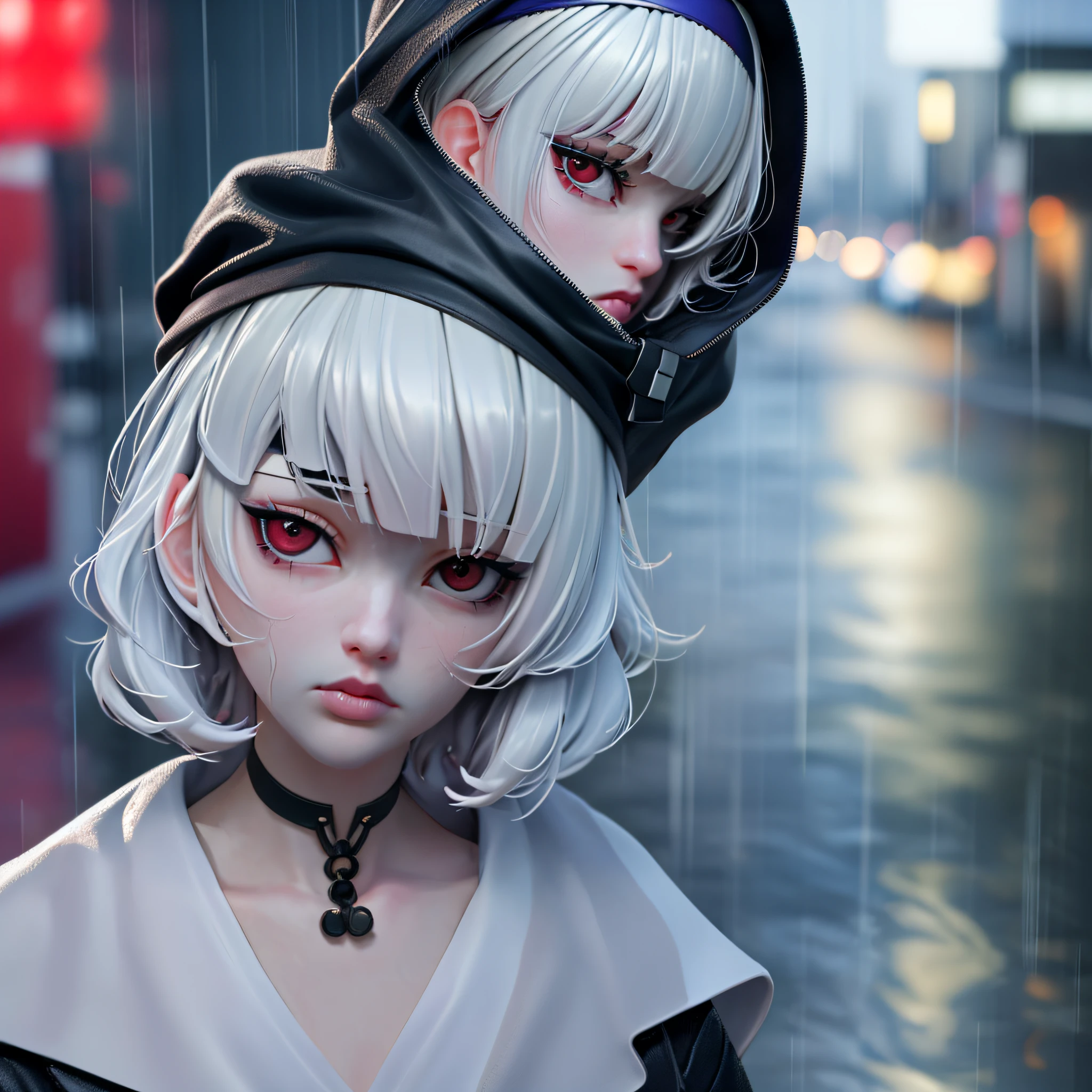 kk, best quality, more details, mastery, 1boy, kaneki ken, portrait, male focus, red eyes, solo, bangs, looking at viewer, hood, short hair, rain, tokyo tokyo \(city\), headbands，fingered, White Hair, Luxury, 8k, Detail, Ray Trace, depth offield, Cinematic lights,