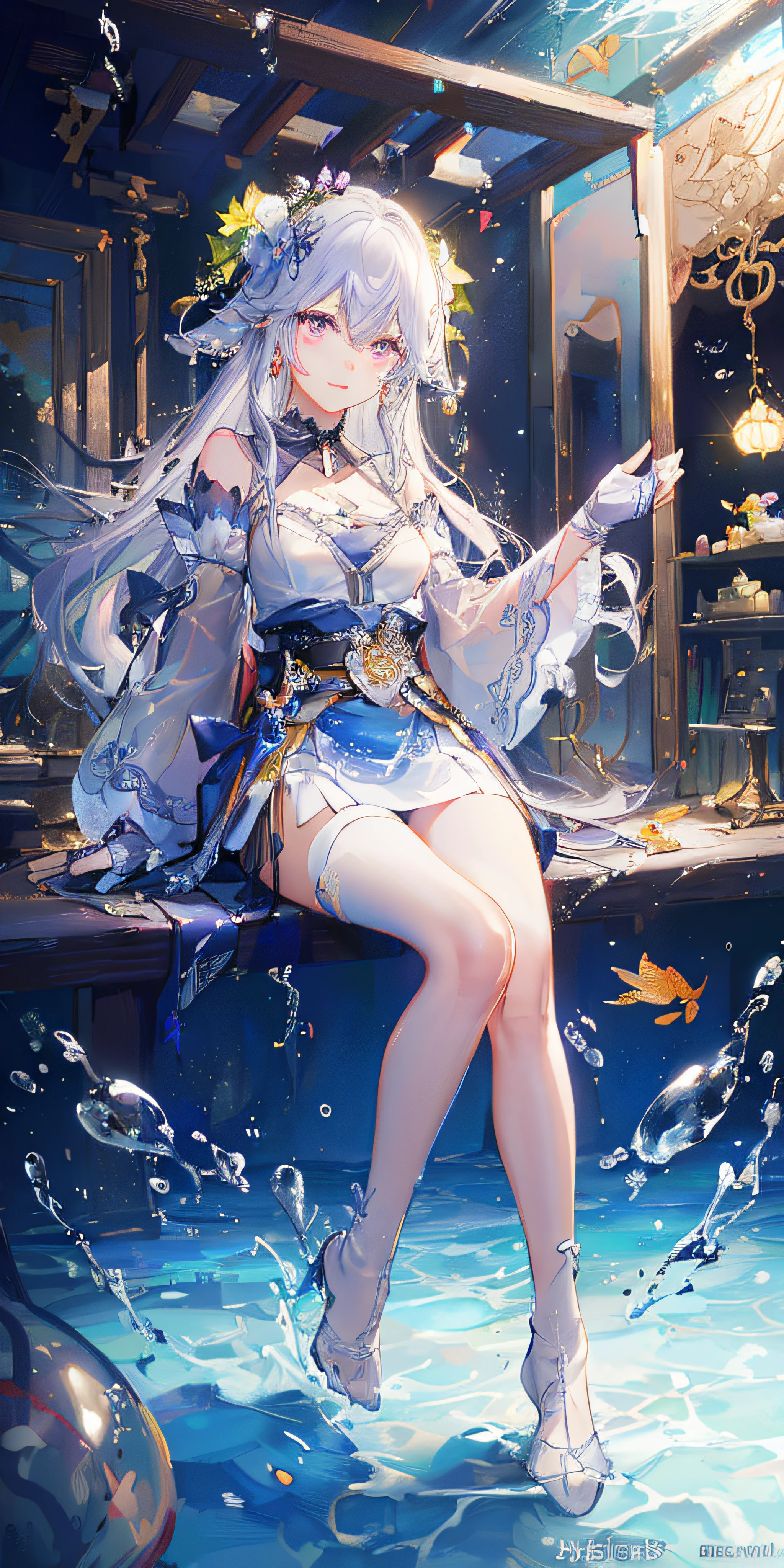(Overhead view),dynamic angle,ultra-detailed, illustration, close-up, straight on, 1girl, (fantasy:1.4), ((purple eyes)),Her eyes shone like dreamy stars,(glowing eyes:1.233),(beautiful and detailed eyes:1.1),(Silver hair:1.14),(messy hair,very long hair,french braid,hair between eyes,sidelocks), (+(bule hair flower:1.14)),(chiffon dress,bule flower pattern in uniform)/=(military uniform:1.24),(detached sleeves,wide sleeves),(fingerless gloves),choker,(miko thighhighs),High heeled boots,(expressionless,closed mouth),(standing), (classical Princess boudoir with dressing tableand french windowin a white ancient palaces),(white flowers,bloom),(abysmal sea),(flowing water),(a dull blue world tree:1.14),(ruins),(night:1.2),dreamy,soul,(fluorescence),(flying translucent blue butterflies:1.15), [[delicate fingers and hands:0.55]::0.85],(detail fingers),(yubao:0.5),