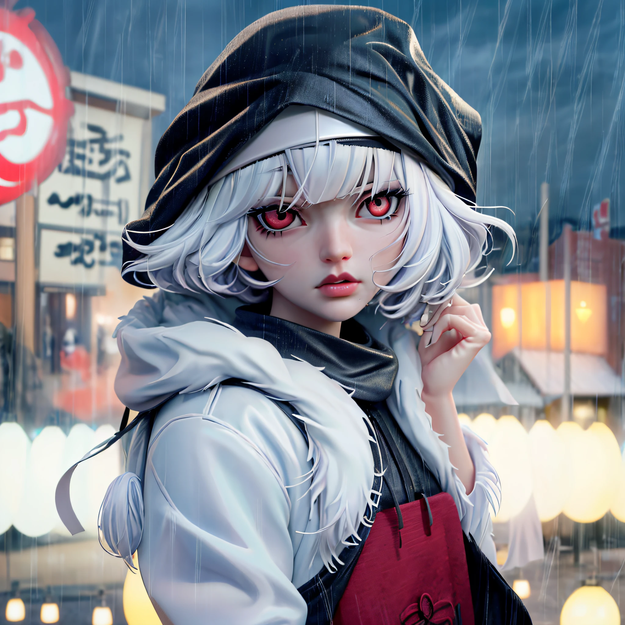 kk, best quality, more details, mastery, 1boy, kaneki ken, portrait, male focus, red eyes, solo, bangs, looking at viewer, hood, short hair, rain, tokyo tokyo \(city\), headbands,fingered, White Hair, Luxury, 8k, Detail, Ray Trace, depth offield, Cinematic lights,