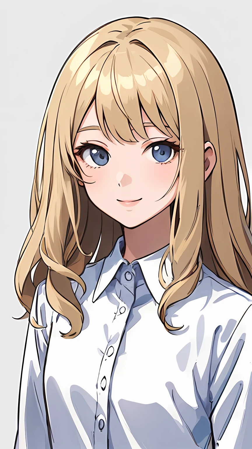 (masterpiece:1.1), (best quality),(illustration), simple anime style, (1woman), (adult), standing, looking at viewer, close up, smiling, closed mouth, (simple background), delicate mature face, white professional shirt, medium breasts, dirty blonde hair, medium length hair, bangs, wavy hair, superflat style, flat colors, gray background, flat lighting