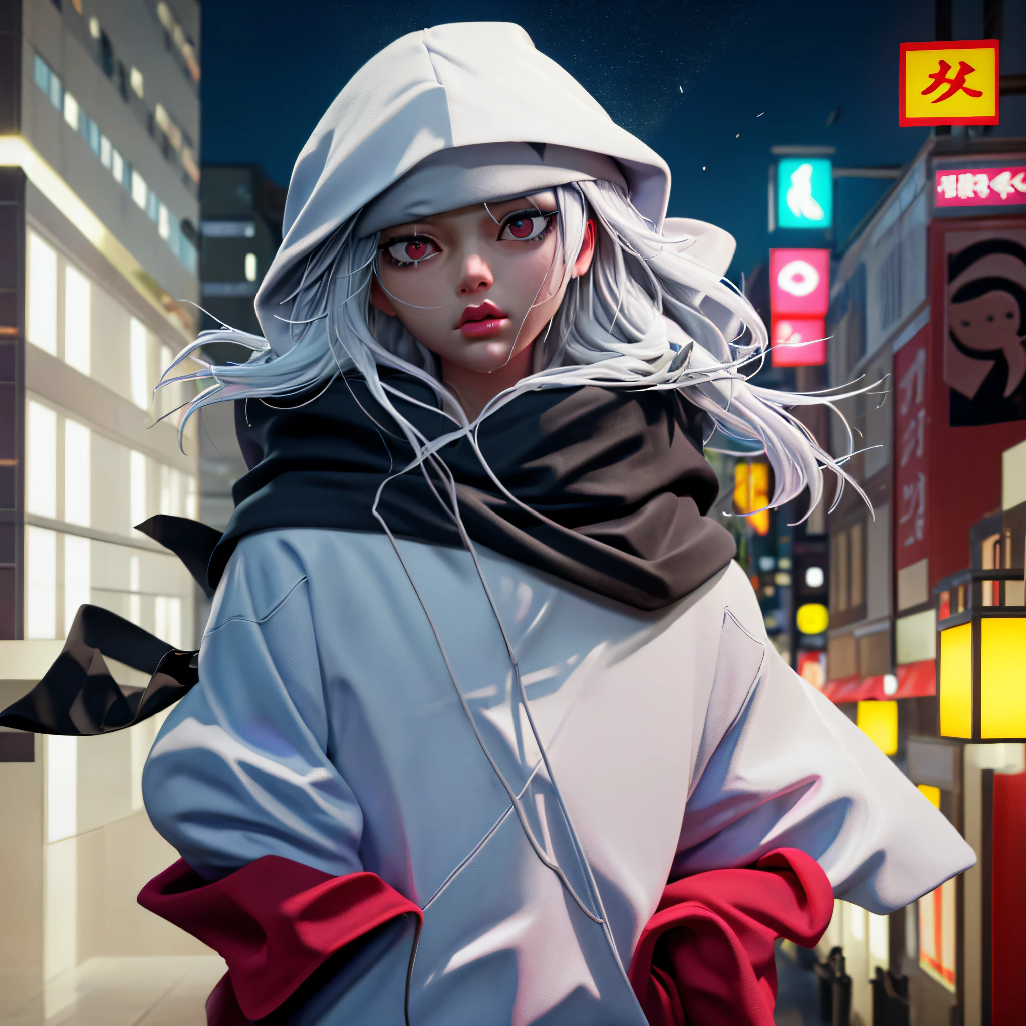 kk, BestQuality, more detail, mastery, 1boy, ken kaneki, portrait，, Male focus, red eyes, solo, hair bangs，, viewing viewer, hood up, bobed hair, rainting、, tokyo tokyo \(，The city\), headbands，nail polish, White Hair, Luxury, 8k, Detail, Ray Trace, depth offield, Cinematic lights,