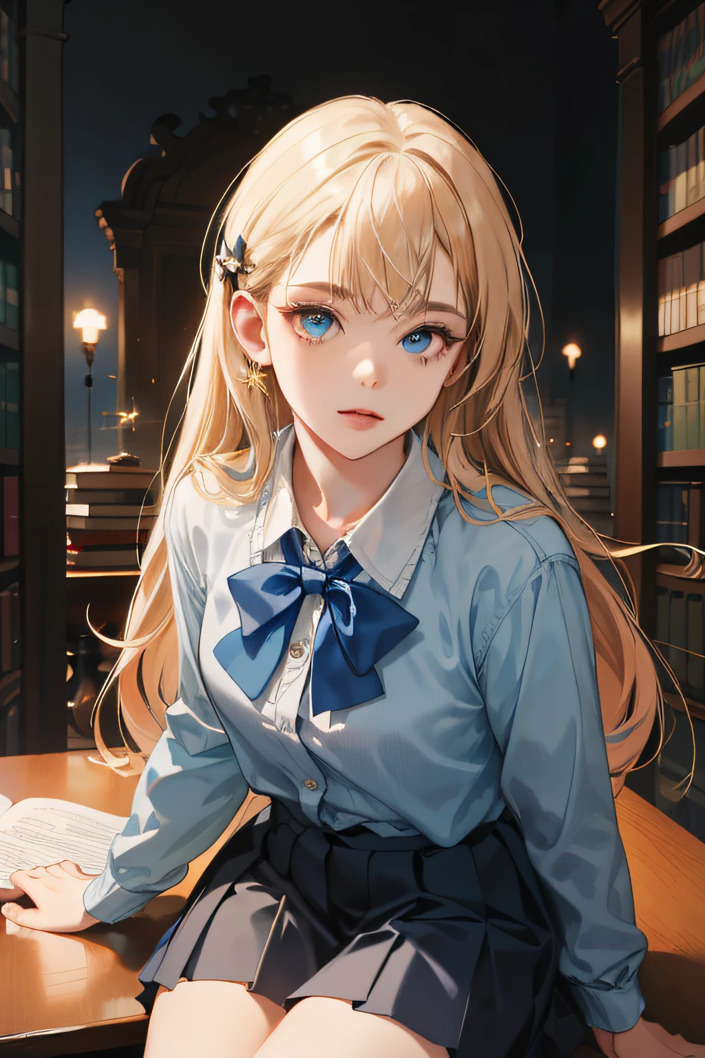 ((BestQuality)), ((master masterpiece,)),((realisitc)), (detailded), portrait,,,,,, Close up of a,Younger,,golden long hair,Blue eyes, mascara,Wear a light blue shirt,blue bow,Blue pleated skirt, highlydetailed skin, looking at the viewers,, stunning gradient colors,no watermark signature, detailedbackground,, closed Mouth, Insanely Detailed, ,((master masterpiece,)), absurds, HDR,1个韩国女孩,Sitting in the library,Cowboy Shooting