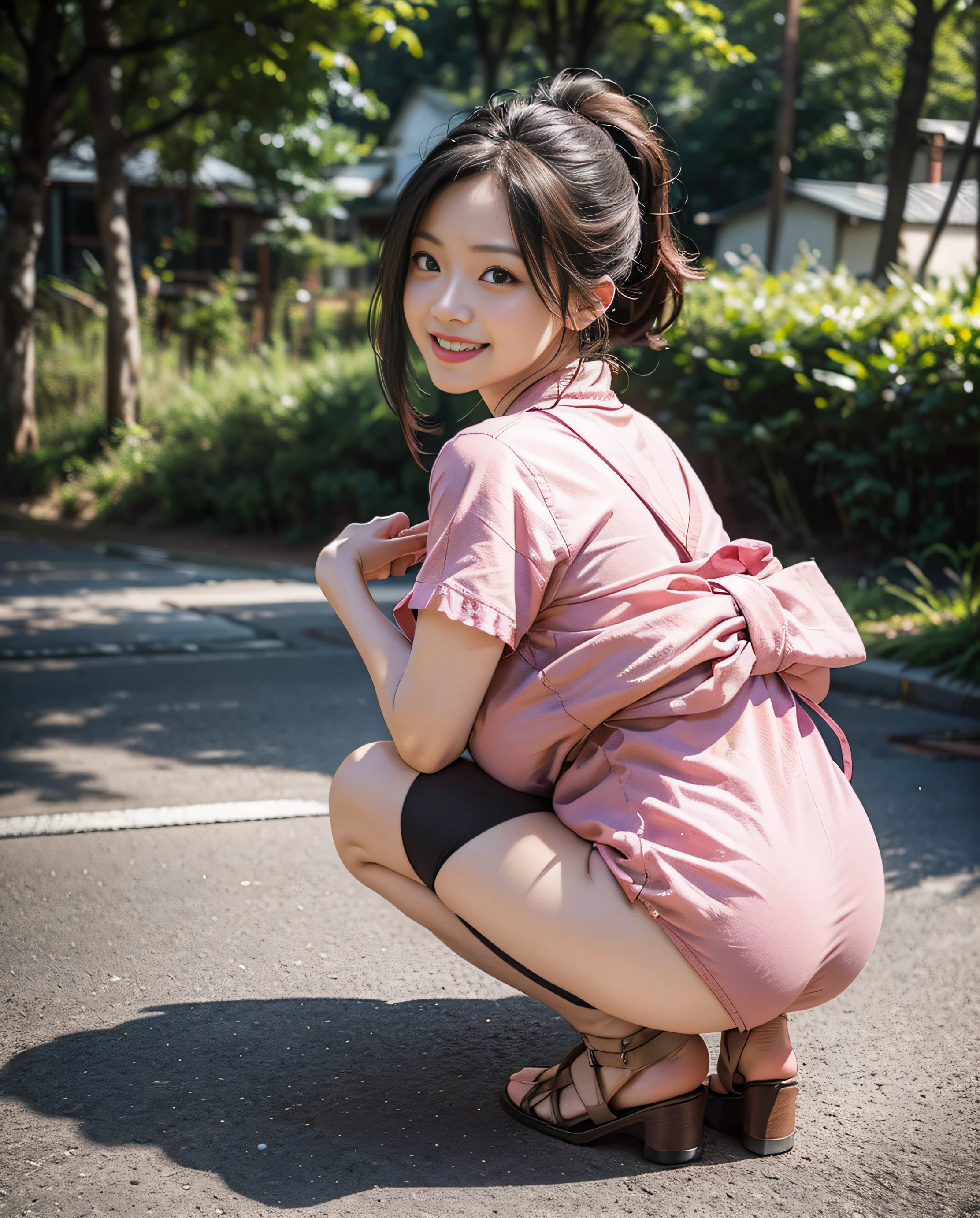highest quality、Ultra high Resolution、master masterpiece、Photo quality(Photorealistic photo:1.8)、Pores、precision、ponytails, 22歳、a one woman、Japanese people、Kamimei、lit from behind, Girl is squatting, Bend over, beautiful girl crouching,naked, Expose your back and buttocks, Fine Detail, bottom body close up, full body close-up shots, white cheeks,Laughing、