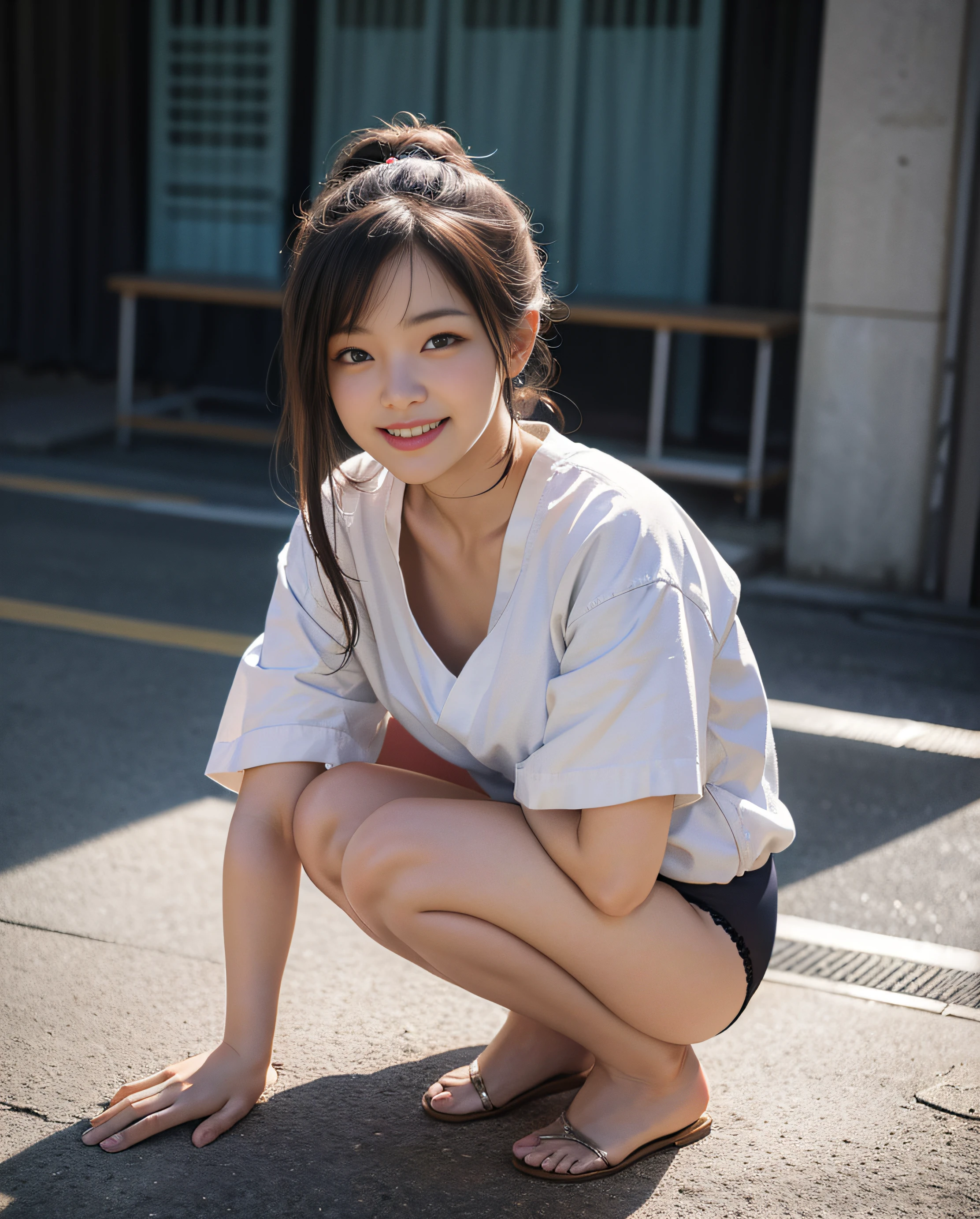 highest quality、Ultra high Resolution、master masterpiece、Photo quality(Photorealistic photo:1.8)、Pores、precision、ponytails, 22歳、a one woman、Japanese people、Kamimei、lit from behind, Girl is squatting, Bend over, beautiful girl crouching,naked, Expose your back and buttocks, Fine Detail, bottom body close up, full body close-up shots, white cheeks,Laughing、