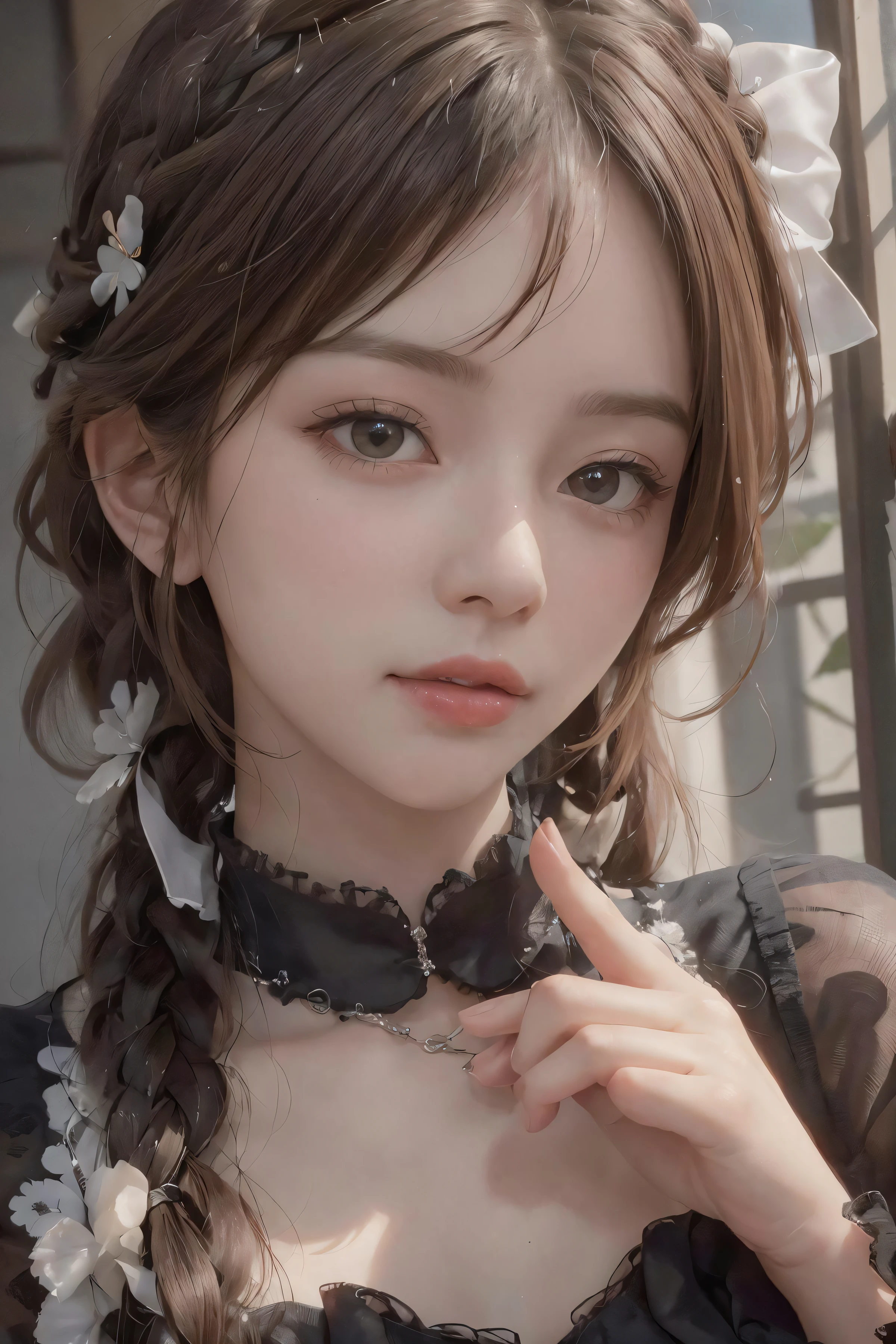 best quality, ultra hi res, photoreaslistic, a photography of a beautiful woman, 30yo age, detailed face, black Messy fishtail braid, (detailed porcelain doll,delicate clothes with a lot of frills and ribbons), Beach, (face close up), seductive look, looking at viewer