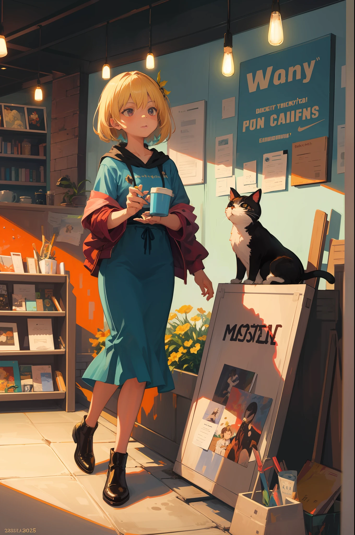 Masterpeace, BestQuality, 1 женщина, 28 лет, (floral panties), train, in a café, Books, cat,Ice cream, Bright colors, volume lighting, best shadows, Shallow Depth of Field, (Top quality, amazing details: 1,25), Brilliant Colorful Paintings, nature, fountain, fancy, magic, flicker, Glare, neon garland, 8k
