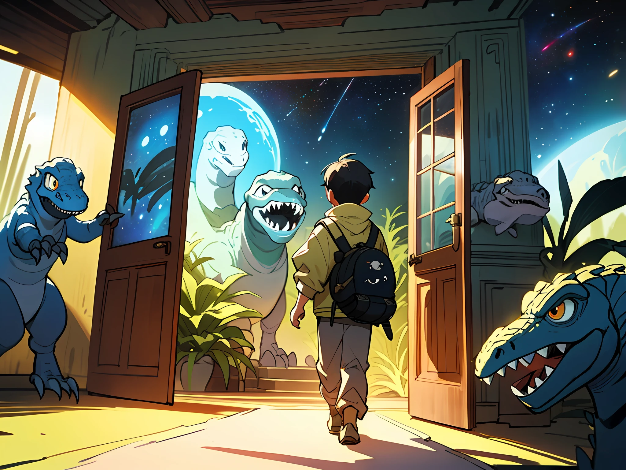 2. boy travels through time(keyword:through,space time,adventures,dinosaurs)
The littletepped behind the door curiously,Immediately feel a change in your body。He found himself in a completely different time and space,It is surrounded by an ancient and unfamiliar sight。He finds himself traveling back in time to the age of dinosaurs,See peculiar dinosaurs and prehistoric plants。
