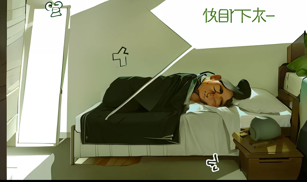 There is a caricature,A man sleeps in bed, bed is not made,