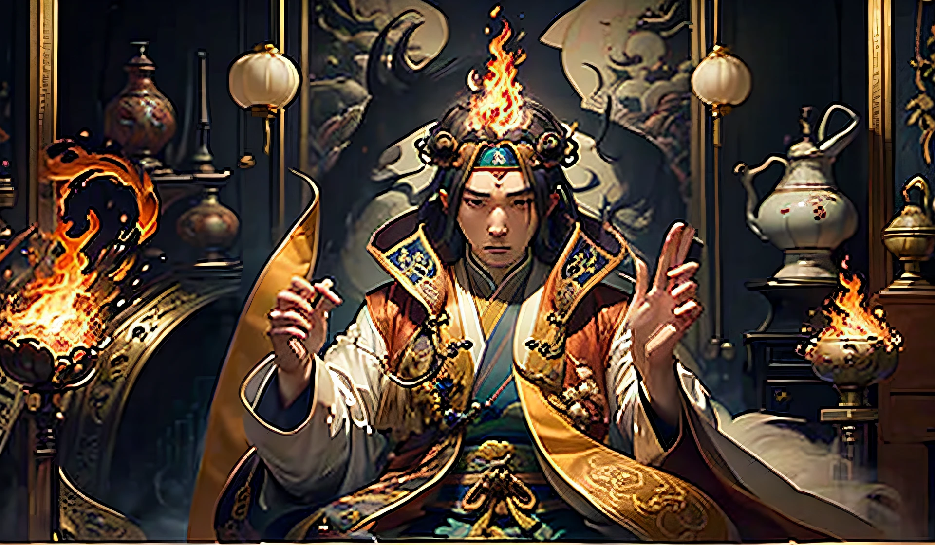 The background is in the alchemy room,Ancient Taoist priests,Museum Dan furnace,Quaint atmosphere,gossip,taichi,Churning flames,Two-dimensional,Anime Style,Cinematic grade,1080p,hdt。