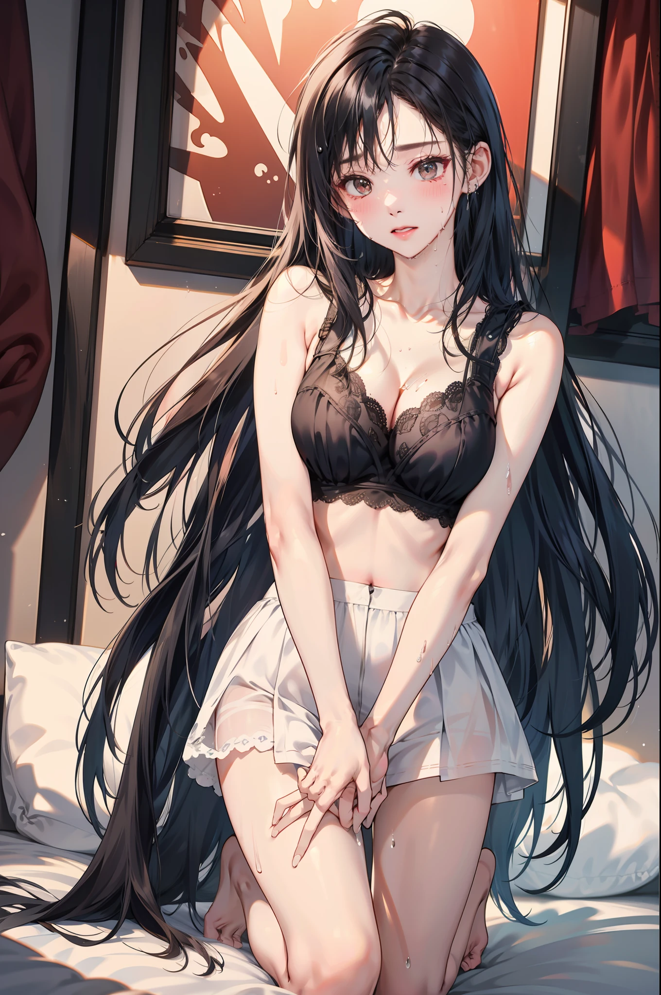 masuterpiece、, best_quality, 1人, solo、、cleavage breasts、Overflowing sperm、open your legs、open the crotch、Open your knees、m embarrassed、blush、bed room、Masturbation、Removed bra、Sweaty、wet underwear、sexual excitement、Masturbation、Semen,,Putting your hand inside your underwear、Schleim、wrath、Frightened、teardrops,Exposed