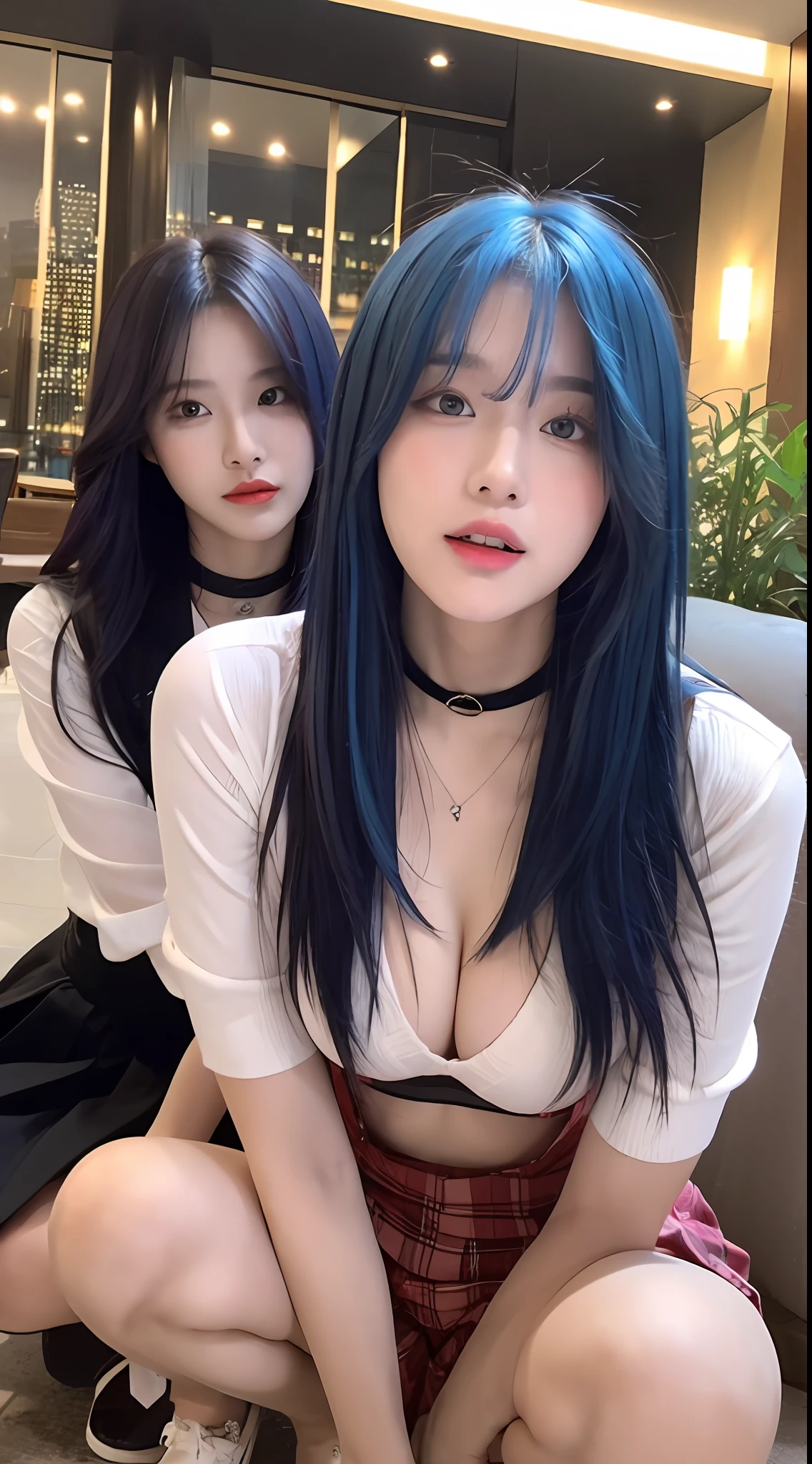 A pair of twins,Cute Korean singer girl,Take photos at night,The background is the hotel,Two girls having in bed,Squat with your legs open,Wear black underwear,Cute real girl with big breasts,Dew,Blue hair and pink hair,erogenous,Realistic Korean girl,female student,cute schoolgirl,looking at the viewers,Choker