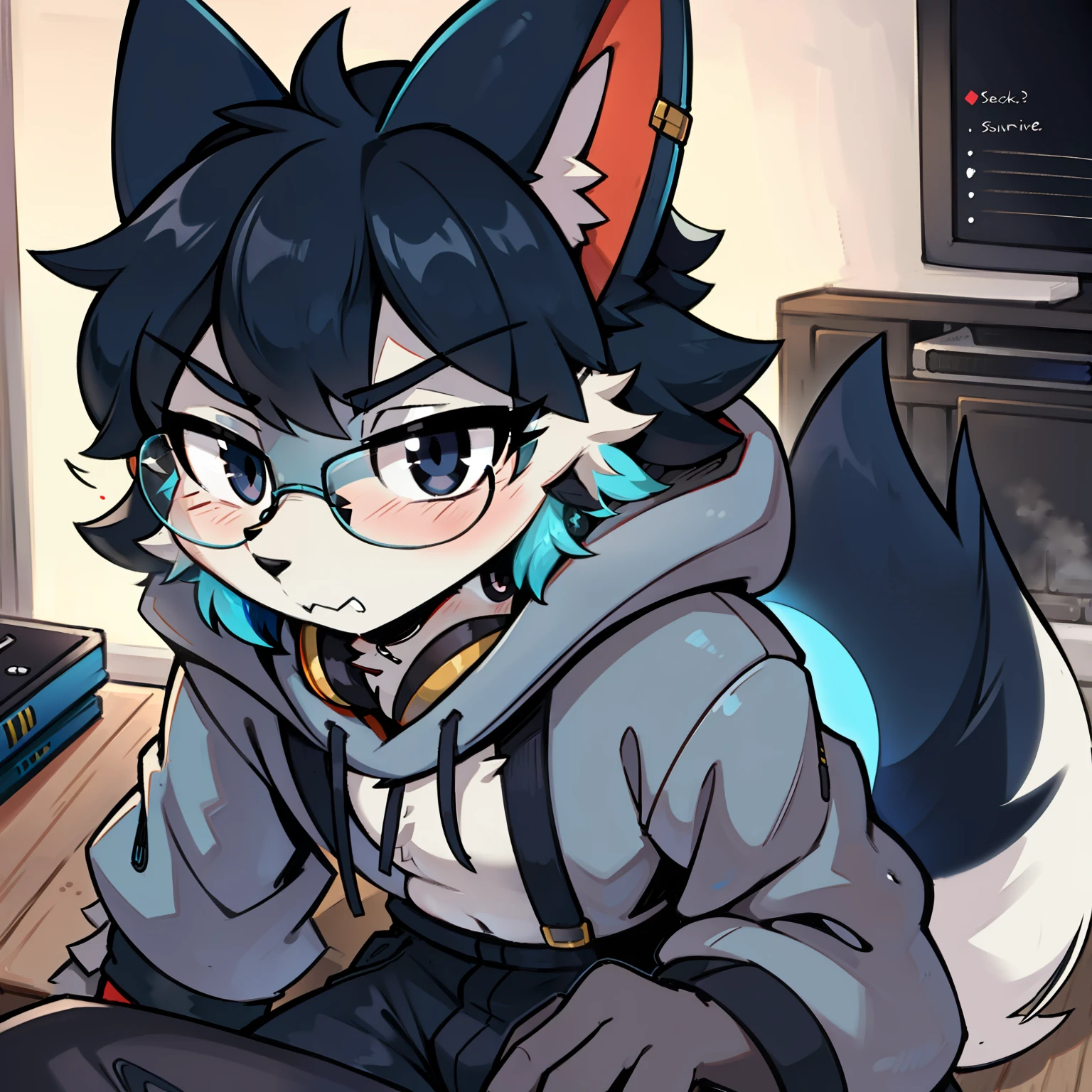 Black eyes，solo，shaggy，Hairy Male，Underage，Full Body Fur，Gray-blue fur，white fur，Gray-Long dark blue sweatshirt，Gray-long black trousers，black color hair，black glasses，Small canines，Fluffy blue tail，bobed hair，ANIME,fang，earphones，hood up，bored，serious，dismay，anime style，black color hair，swept bangs，High Details，reference table，Block the belly