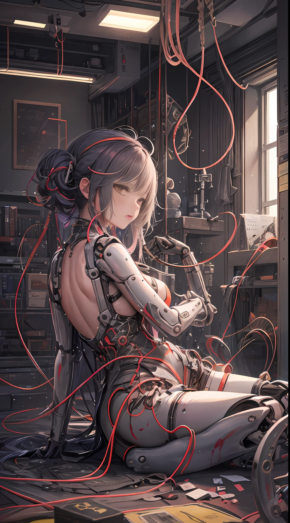 （Masterpiece、，topquality，Best qualities，official arts，Beautiful and indulgent：1.2），（1个女孩：1.3），Very Detail，COLORFUL，Supreme detail（（is super detailed）），（highly detailed CG illustrations），（Very refined and beautiful）），（From the side），（total body），cinematic light，（（（1个机器人女孩）），（angelic），（aura），（solo），（Open legs），（Mechanical joints：1.2），（（Mechanical Limbs）），（The blood vessels are connected to the tube），（Mechanical vertebrae attach to the back）， （（mechanical cervical spine attached to the neck））， Poker face， （Wires and cables are attached to the neck： 1.2）， （Wires and cables are attached to the neck： 1.2）， （character focus）， （The lower body is integrated with the mechanism），（Camel hooves），  （M-legsupsexms），（Lie down）,（BDSM），（big tits)，（Mechanical tentacles）（a lot of tentacle insertion）（Shock），（jewel），（Sexual Equipment Man），（乳溝），（Large Tits） （Laser light），（乳頭），Science fiction novels， with a black background， （Blood，，，，，，，，，，，，： 1.5） --auto --s2