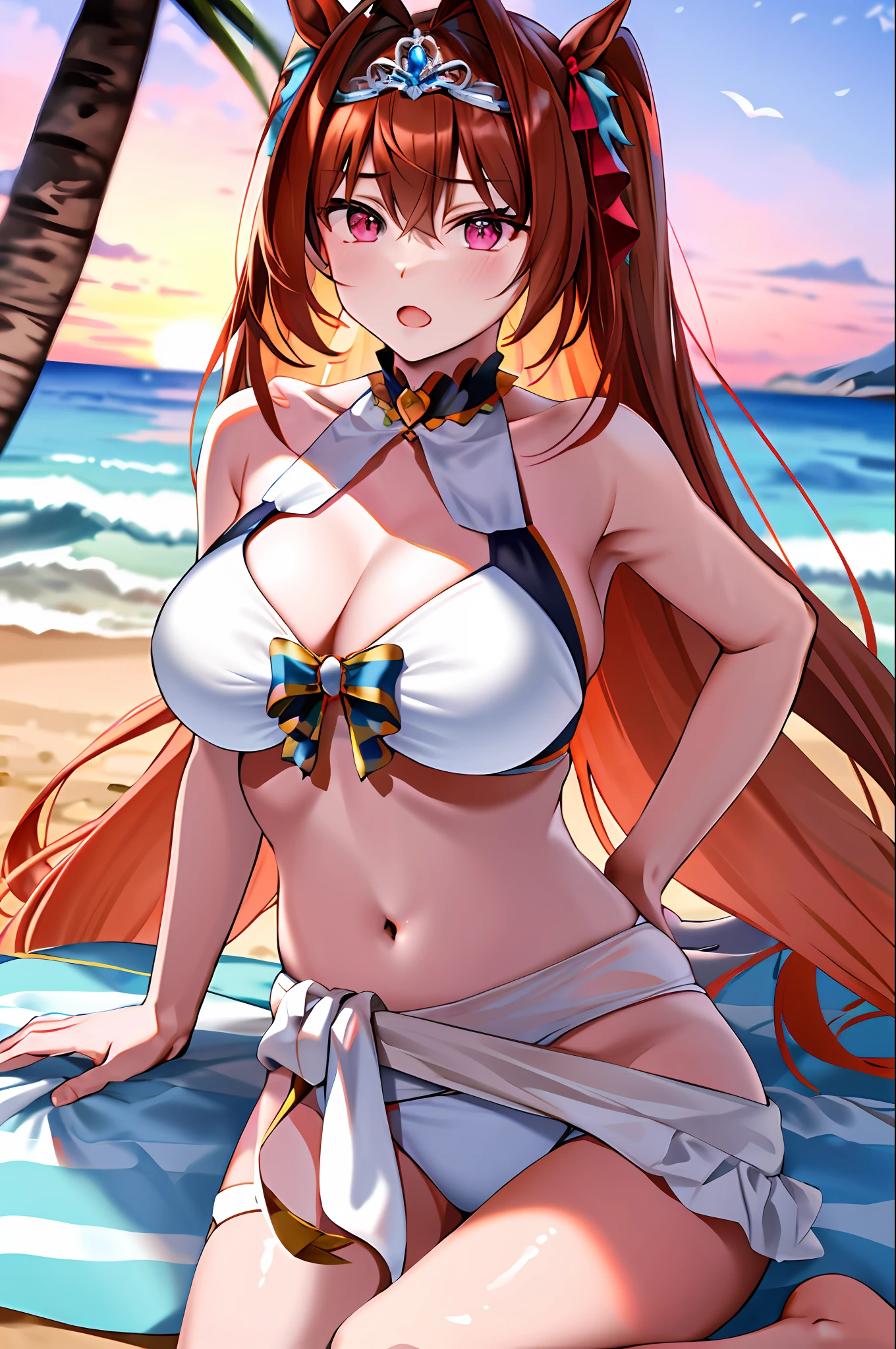 master masterpiece, The Highest Quality, Hi-RES, 1girl, Marl, solo、, Large and crimson, ((white bikini)), ((Coast at dusk)), ((Only the sea behind)), ((Backlit)), ((From waist to head)), white thighshigh, Twin tail,  horse tail, Very Long Hair, brownd hair,  hair intakes, tiaras, tusk, Red Eyes, large bosom, bangs, beach, Sitting on the sand,