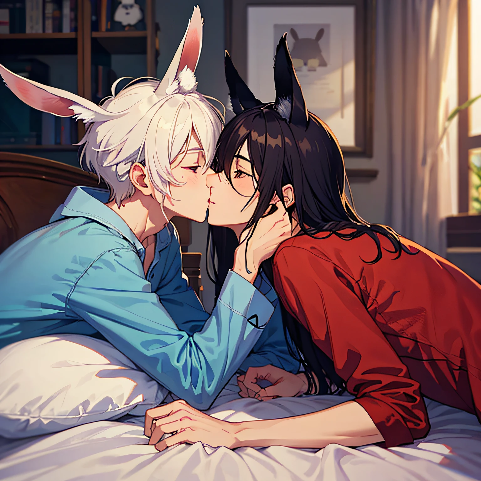 Male wolf ears, shy face, wearing this pajamas, lazing on the bed, turning his body, with a rabbit ear next to him, looking at this male rabbit, looking at each other, kissing each other