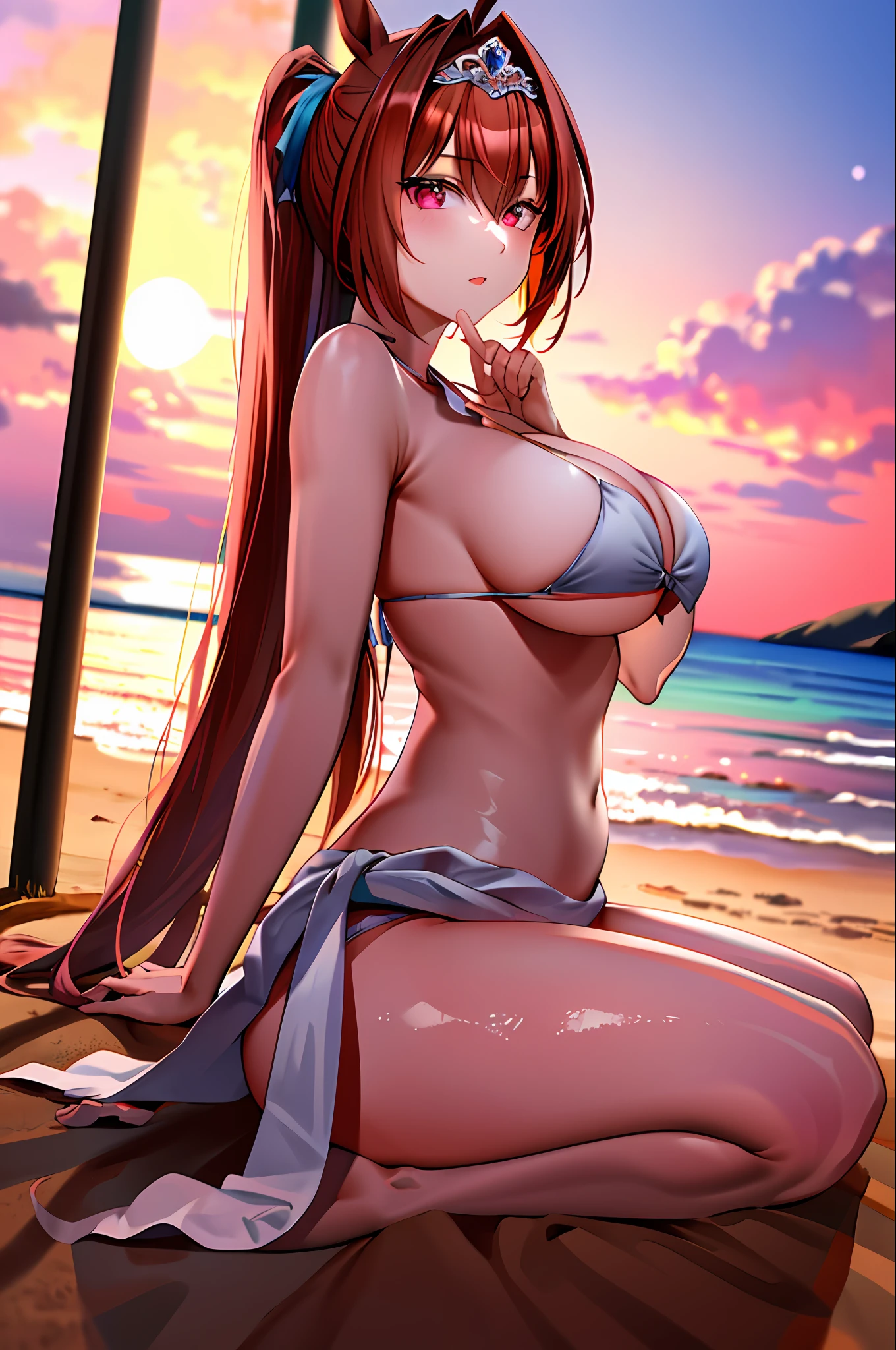 master masterpiece, The Highest Quality, Hi-RES, 1girl, Marl, solo、, Large and crimson, ((white bikini)), ((Coast at dusk)), ((Only the sea behind)), ((Backlit)), ((From waist to head)), white thighshigh, Twin tail,  horse tail, Very Long Hair, brownd hair,  hair intakes, tiaras, tusk, Red Eyes, large bosom, bangs, beach, Sitting on the sand,