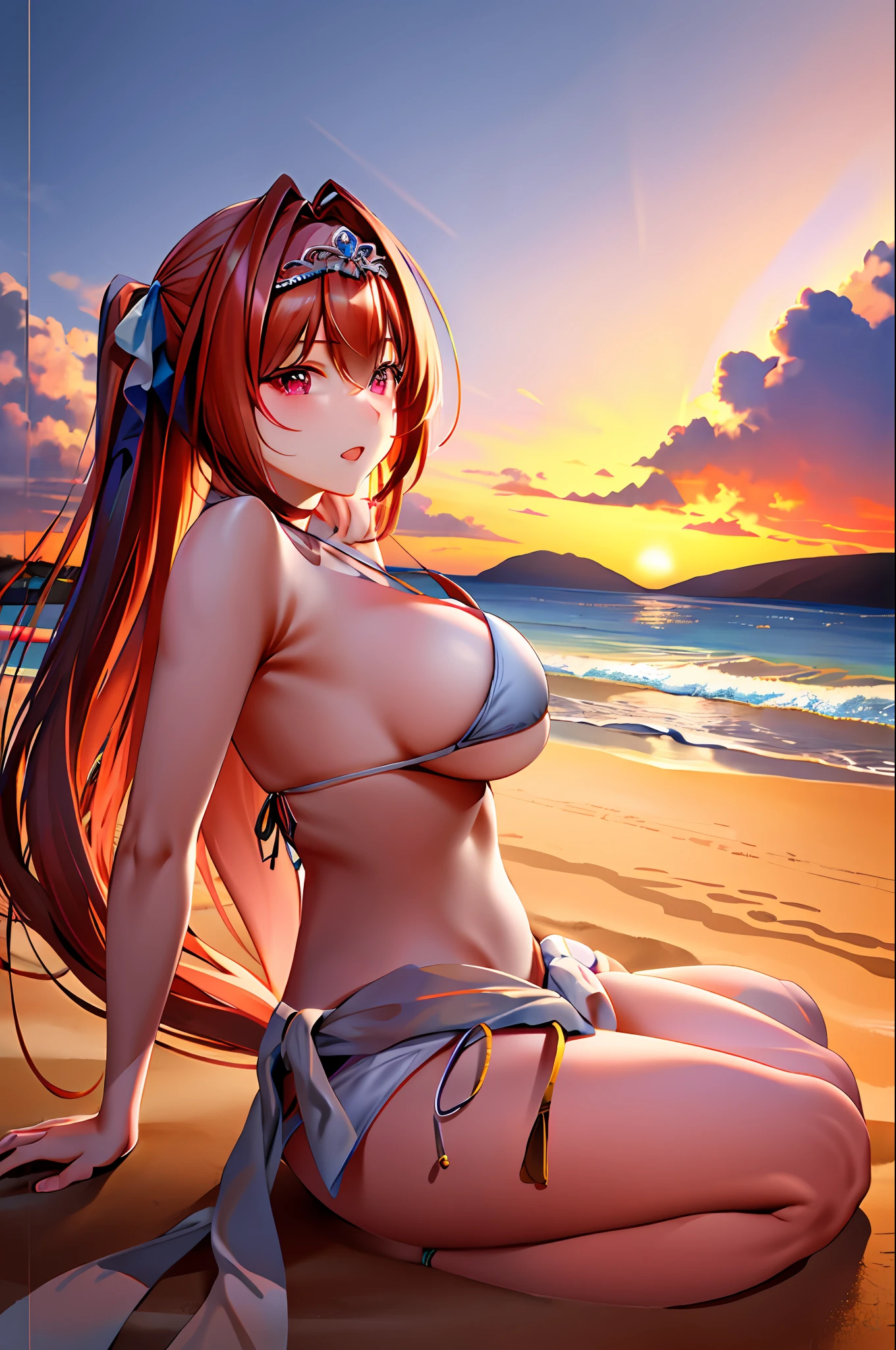 master masterpiece, The Highest Quality, Hi-RES, 1girl, Marl, solo、, Large and crimson, ((white bikini)), ((Coast at dusk)), ((Only the sea behind)), ((Backlit)), ((From waist to head)), white thighshigh, Twin tail,  horse tail, Very Long Hair, brownd hair,  hair intakes, tiaras, tusk, Red Eyes, large bosom, bangs, beach, Sitting on the sand,