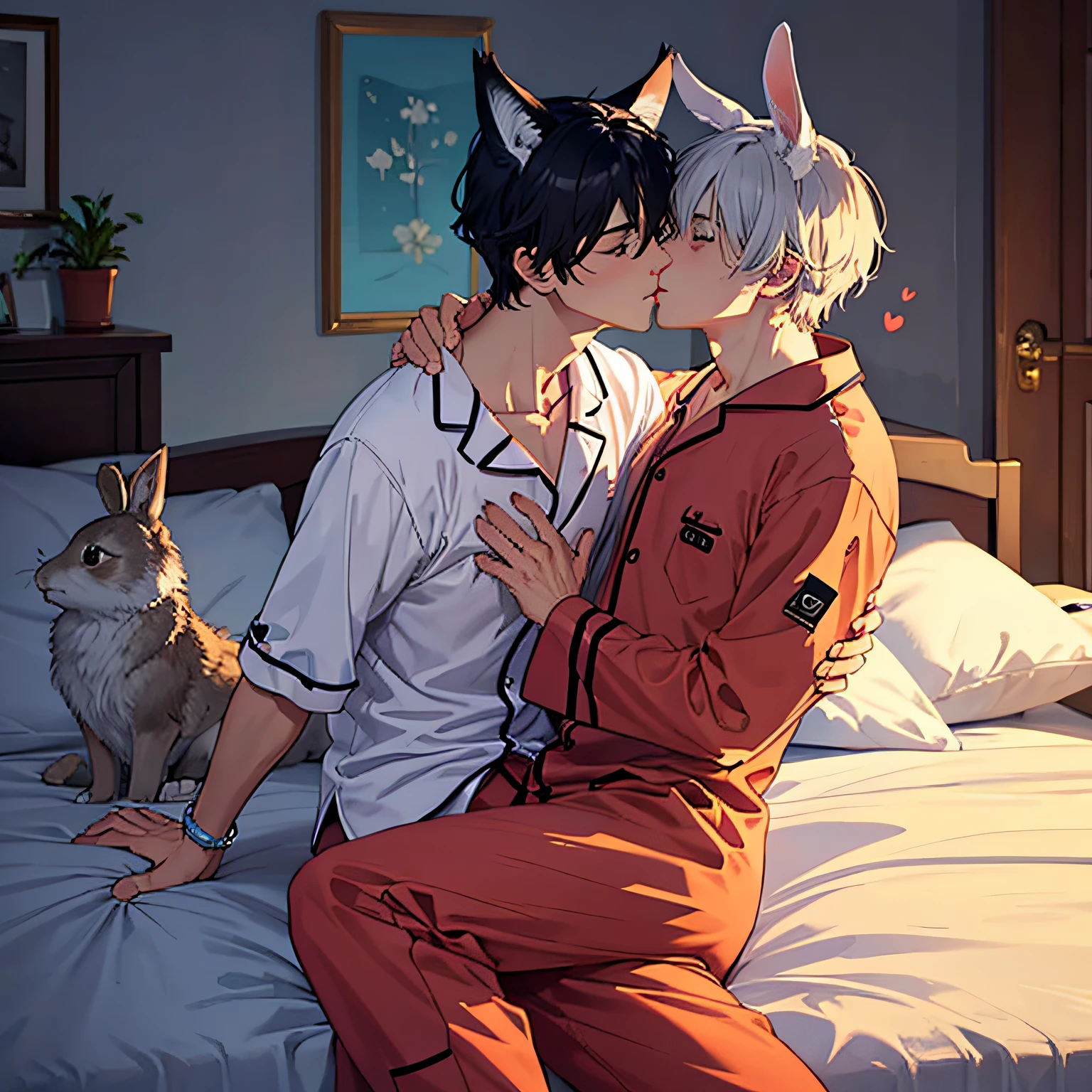 Male wolf ears, shy face, wearing this pajamas, lazing on the bed, turning his body, with a rabbit ear next to him, looking at this male rabbit, looking at each other, kissing each other
