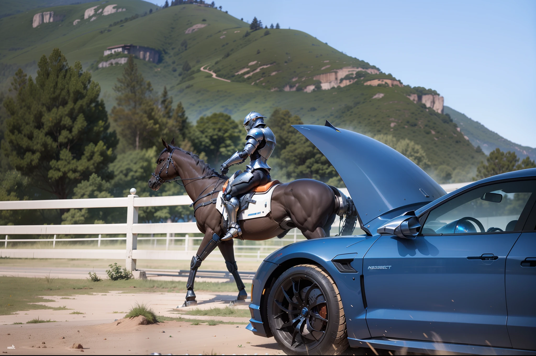 Strong cybertech knight riding on his mechanical warhorse，Nousr， Biomechanics， MSHN Robot Man，High-tech helmet，HyperRealistic， steel， complex design， Insanely Detailed， Fine details， Extremely sharp lines， cinematic Lighting， Photo realistic， A Detailed Masterpiece