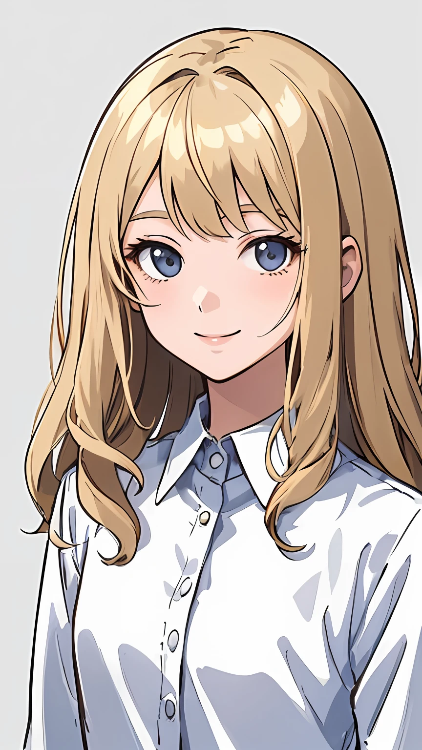 (masterpiece:1.1), (best quality),(illustration), simple anime style, (1woman), (adult), standing, looking at viewer, close up, smiling, closed mouth, (simple background), delicate mature face, white professional shirt, medium breasts, dirty blonde hair, medium length hair, bangs, wavy hair, superflat style, flat colors, gray background, flat lighting