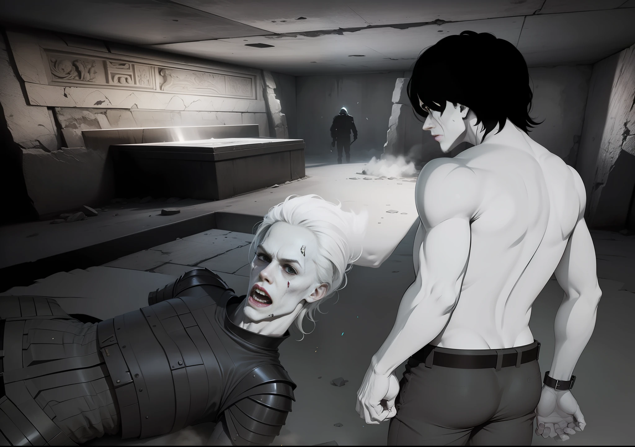 Men in the tomb kill headless zombies wearing ancient armor