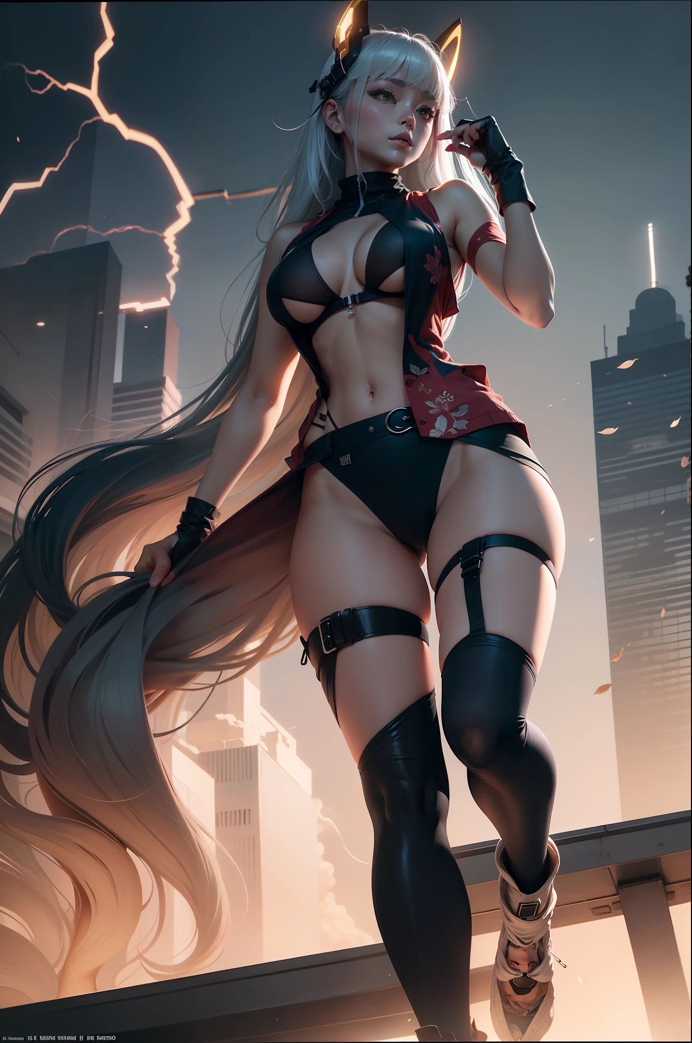 Full length shot, (fullbody shot), halo around the head, emptiness above the head, Beautiful Korean woman, white hair, long hair with bangs, hair lying flat, opinion, Pointing downwards, the model walks in front of the camera, (unbuttoned jacket and business shorts). (Nude body). (Large Breasts). beautiful slender body, Nfsw