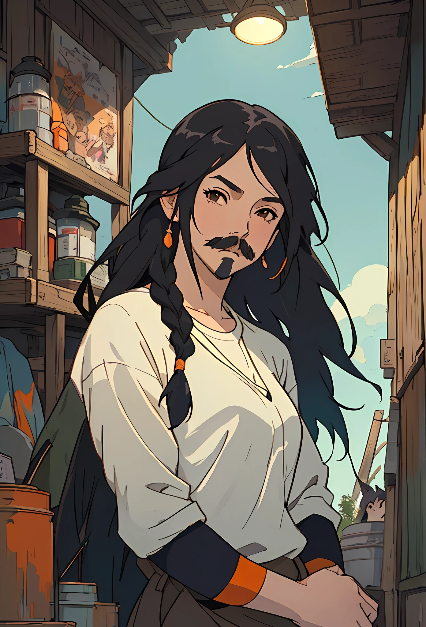 (Personaje femenino con bigote) (cuerpo musculado) (ropa femenina de mecanico) (ropa de colores entre negro y naranja) (long hair with a muño) (HD) (4k) (High resolution) (obra maestra (simetrico) (pintado por Studio Ghibli)