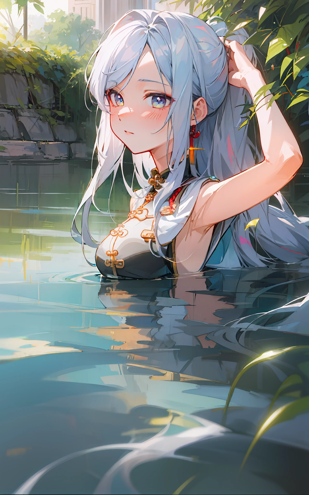 (((beautiful))), The ultra-High Image Quality --a, extremely detailed, CG digital painting style, 高分辨率8k壁纸, Guvez style anime, Long hair and blue eyes, Ponytail hairstyle, Beautiful girl in brocade