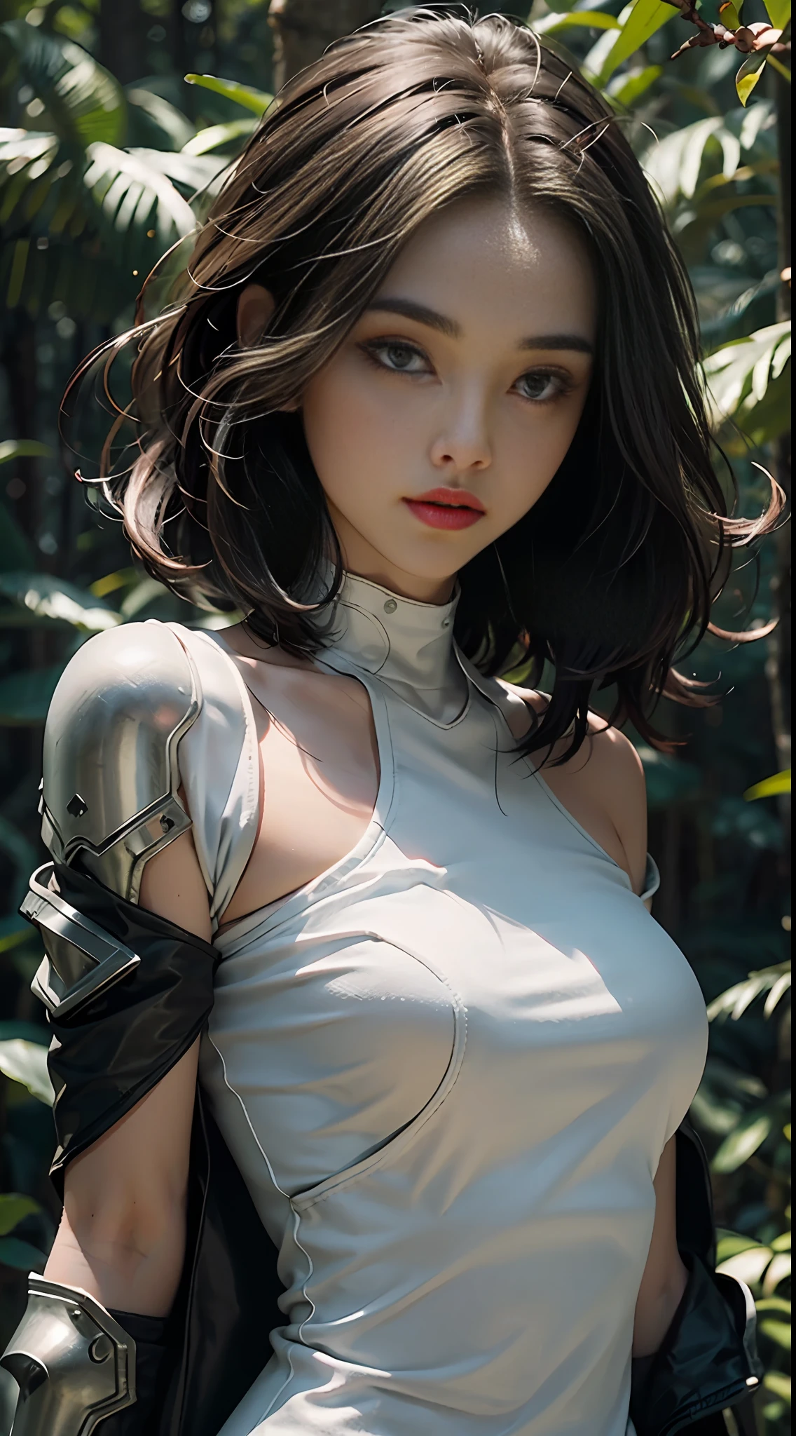 |, Cosmic Horror Atmosphere|, Alto-nada, 1woman, En el bosque, Similar a Miranda Kerr, Wearing white cyberpunk police full armor)|, (Alto, Esbelto &, with pale skin, Dark Brown Hair That Cascades To Her Shoulders, Ultra-Ojos color avellana detallados, Figura de reloj de arena )|, 4k, obra maestra, La mejor calidad, mix4