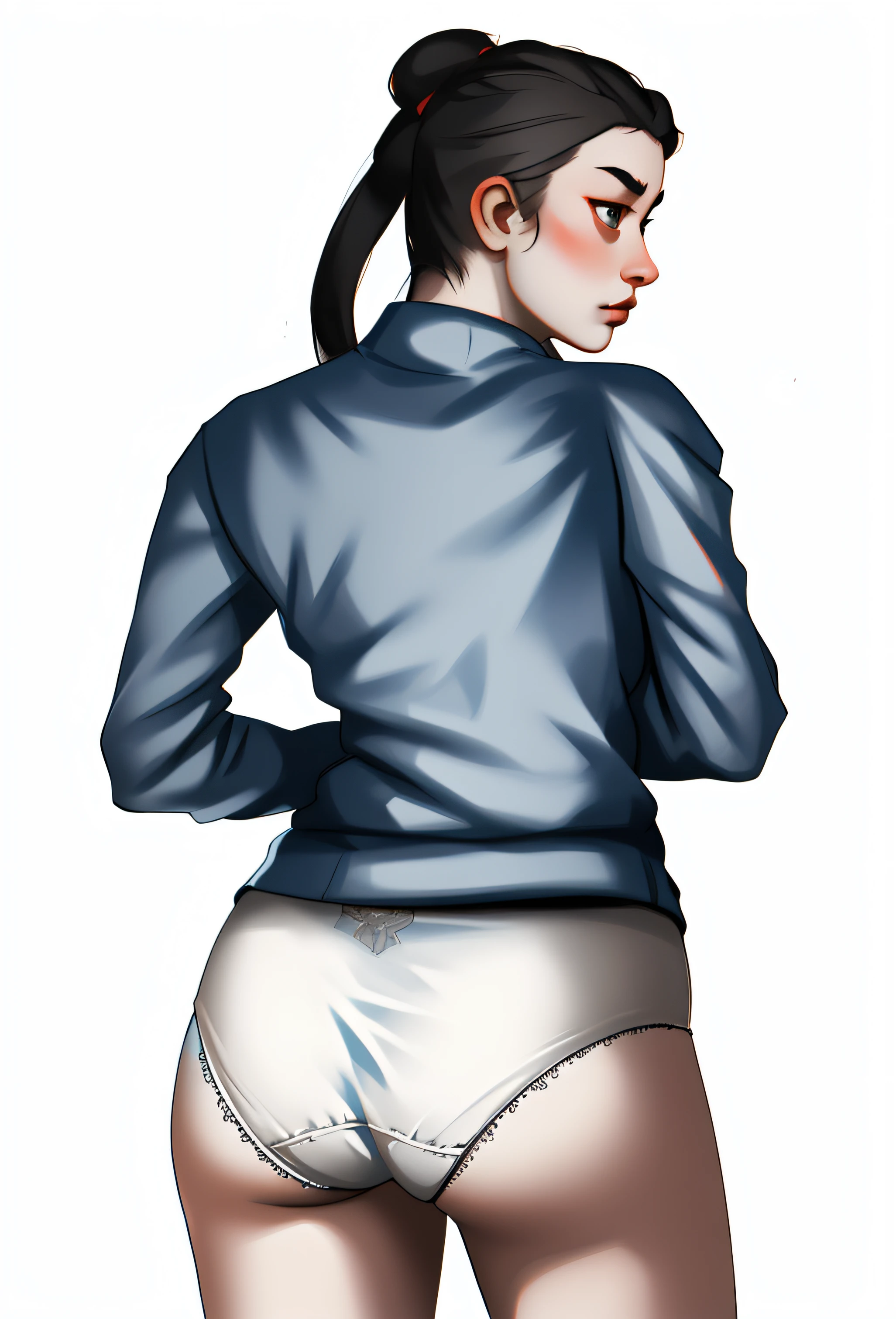 Chinese woman in blue sweater and white cotton panties, realistic art style, intricate details
