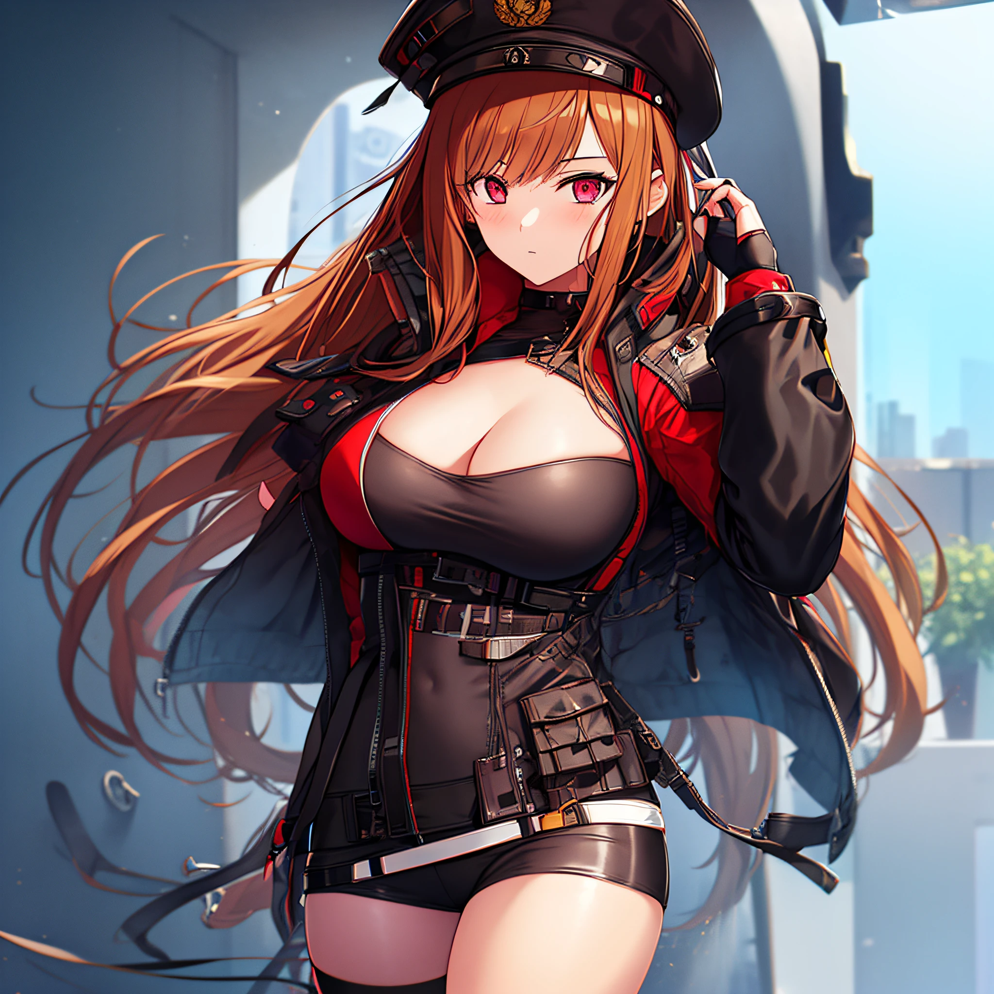 1girl, solo, Chica de anime con ojos rojos, long brown hair and a black jacket and hat, Detalles finos. Nikke Girls, Asienten con la cabeza, Chicas Frontline CG, Estilo de Nikke, girls frontline, Universo Nikke, Arte detallado del personaje de anime, best anime 4k konachan wallpaper, code vein, badass anime 8 k, Retrato detallado de Anime Girl, Arte de anime clave detallado, female action anime girl