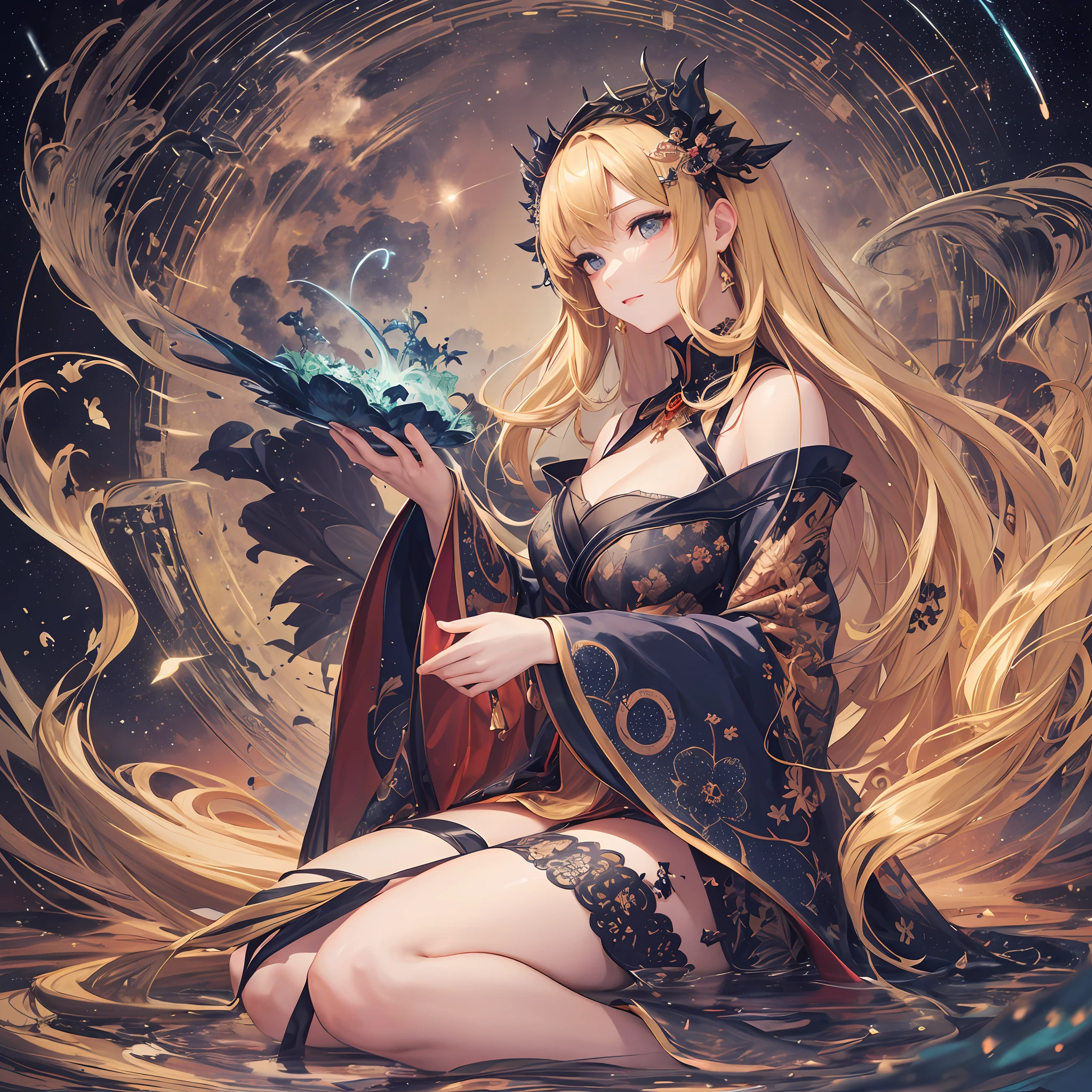 (master masterpiece),((The Highest Quality)),(Official Art),(Beautiful and indulgent:1.3),(1女の子:1.4),((Sit and Pray)),((Under the dazzling Perseus meteor shower、Blonde Orihime praying)),break,Beautiful woman wearing a long dress with an image of the intricate universe,Detailed drawing。Vibrant colors。COLORFUL、Supreme Details ((Super Detailed)),(非常に詳細な 2D イラスト),((Extremely delicate and beautiful))Super detail, wakame, wakame, wakame, wakame, wakame, wakame, wakame, wakame, wakame, wakame, wakame, wakame, wakame, wakame, wakame, wakame, wakame, wakame, wakame, wakame, wakame, wakame, wakame, wakame, wakame