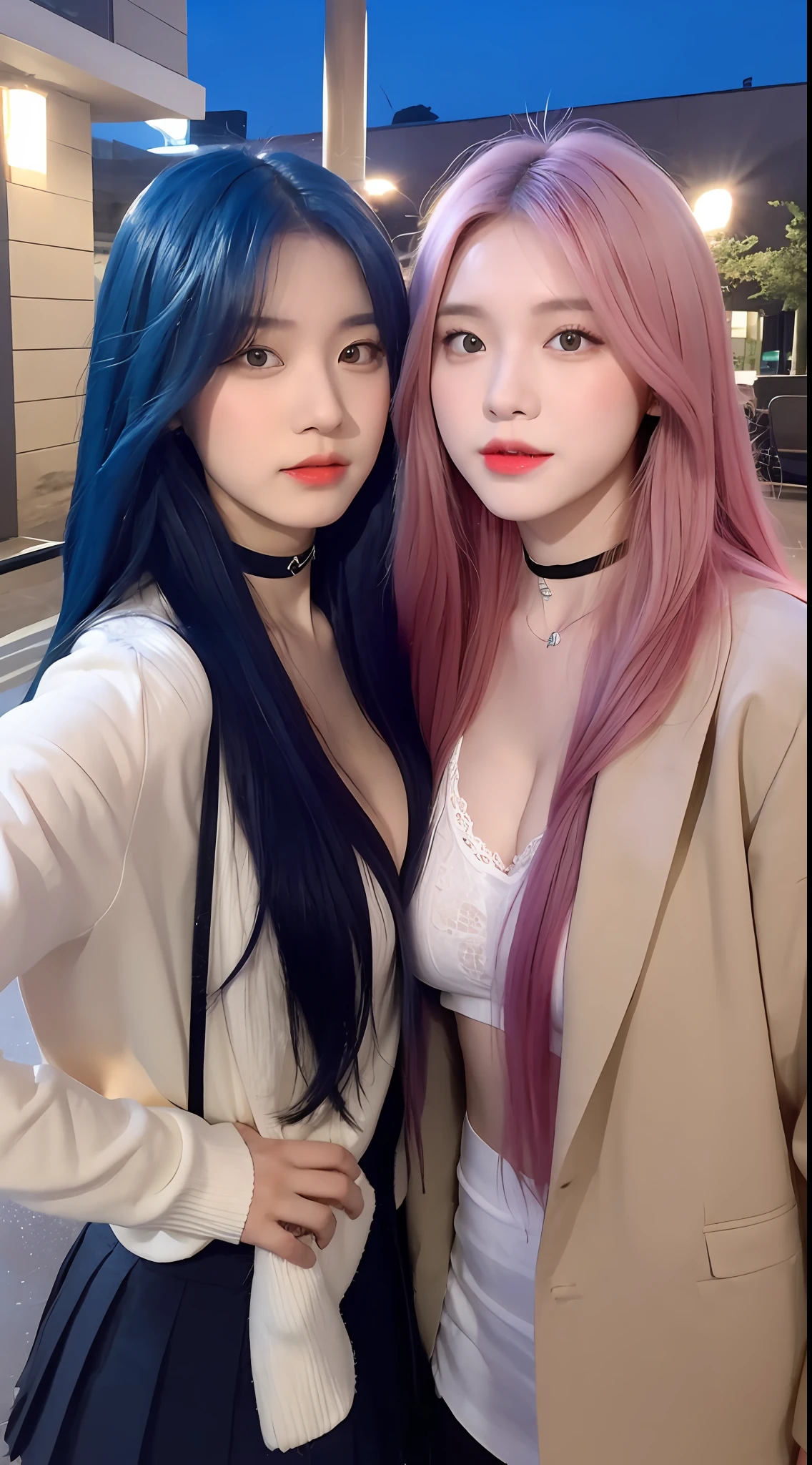 A pair of twins,Cute Korean singer girl,Take photos at night,The background is the hotel,Two girls having in bed,facing each other,Chest to chest,Wear black underwear,Cute real girl with big breasts,Dew,Blue hair and pink hair,erogenous,Realistic Korean girl,female student,cute girl,looking at the viewers,Choker