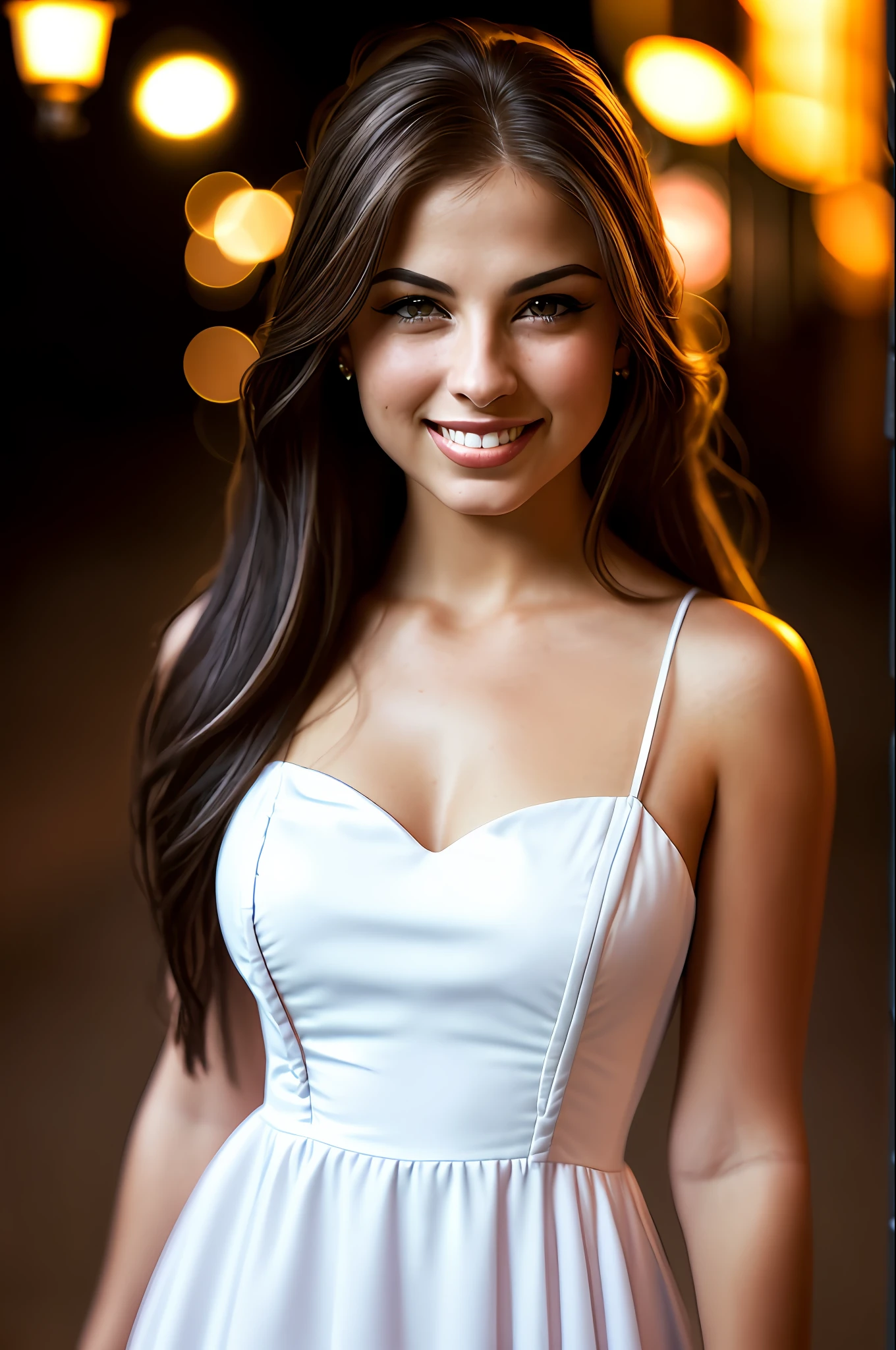 (sharp focus:1.2), photo, attractive young KariSweets , (beautiful face:1.1), detailed eyes, luscious lips, (cat eye makeup:0.85), (smile:1.2), wearing (dress:1.2) on a (night street:1.2). (moody lighting:1.2), depth of field, bokeh, 4K, HDR. by (James C. Christensen:1.2|Jeremy Lipking:1.1).