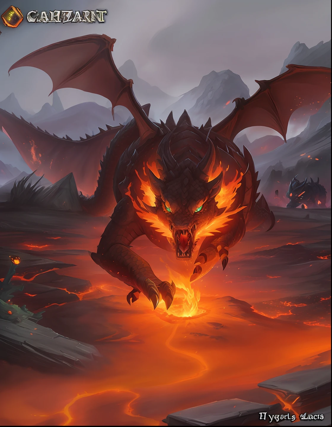 Close-up of the dragon,Glowing eyes and fireballs, hearthstone art, hearthstone card art, hearthstone concept art, dragon made out of molten lava, hearthstone artwork, hyperrealistic d & d fantasy art, hearthstone card artwork, hearthstone card game artwork, magic the gathering card art, hearthstone card game artwork. ", dragon vore art, cacodemon --auto